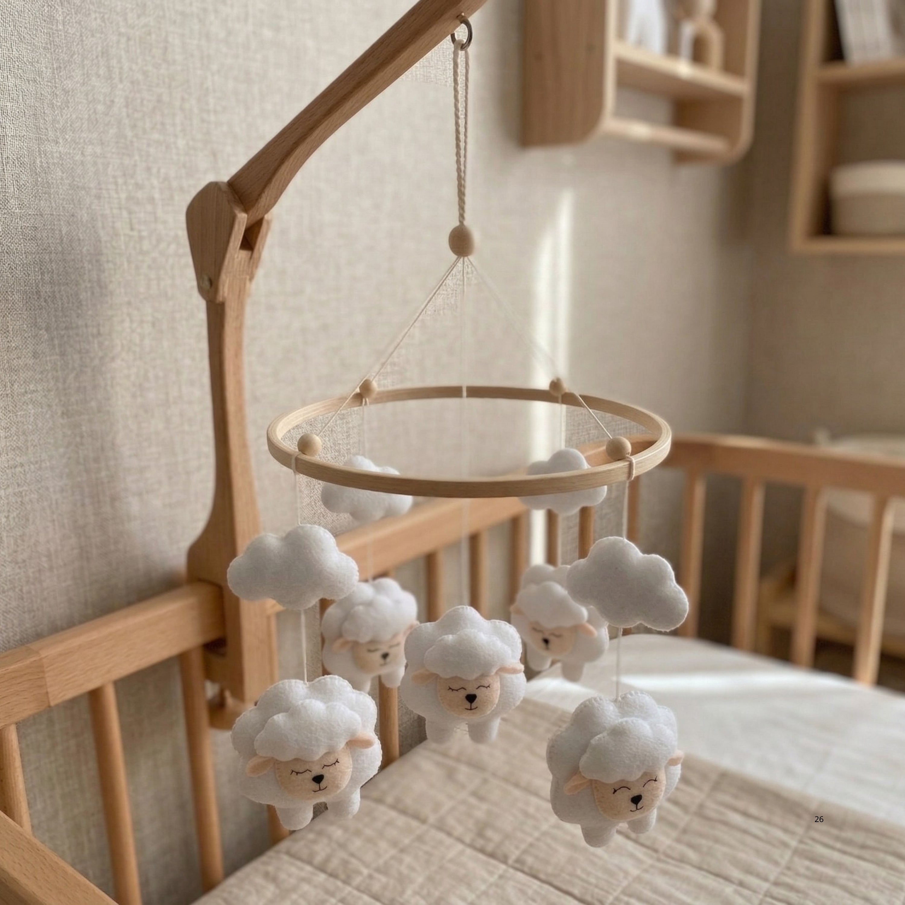 Sheep Baby Mobile – Handmade Felt Lambs & Clouds | Minimalist Neutral Cloud Nursery Decor