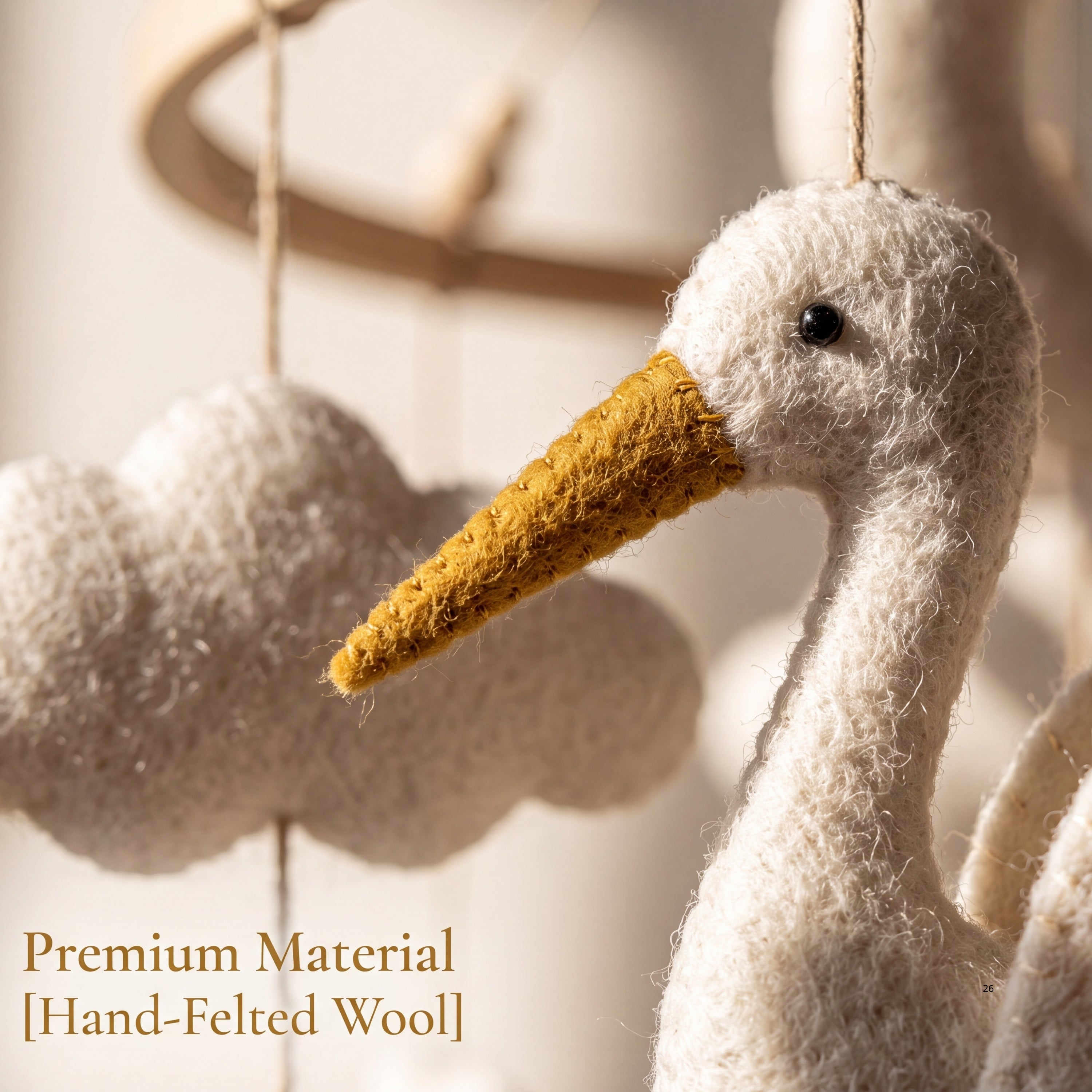 Stork Baby Mobile – Handmade Felt Flying Storks with Moon & Clouds | Neutral Newborn Nursery Decor