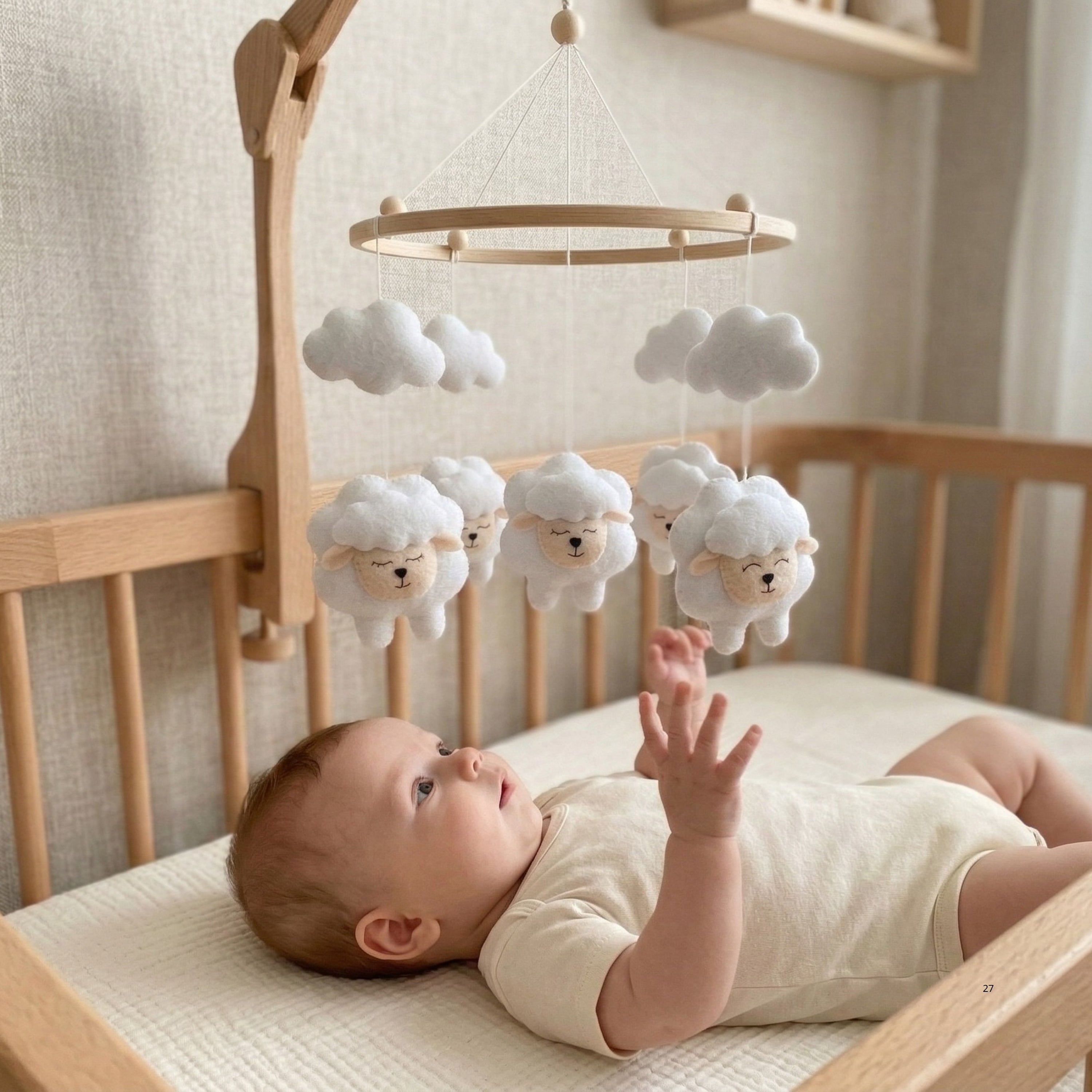 Sheep Baby Mobile – Handmade Felt Lambs & Clouds | Minimalist Neutral Cloud Nursery Decor