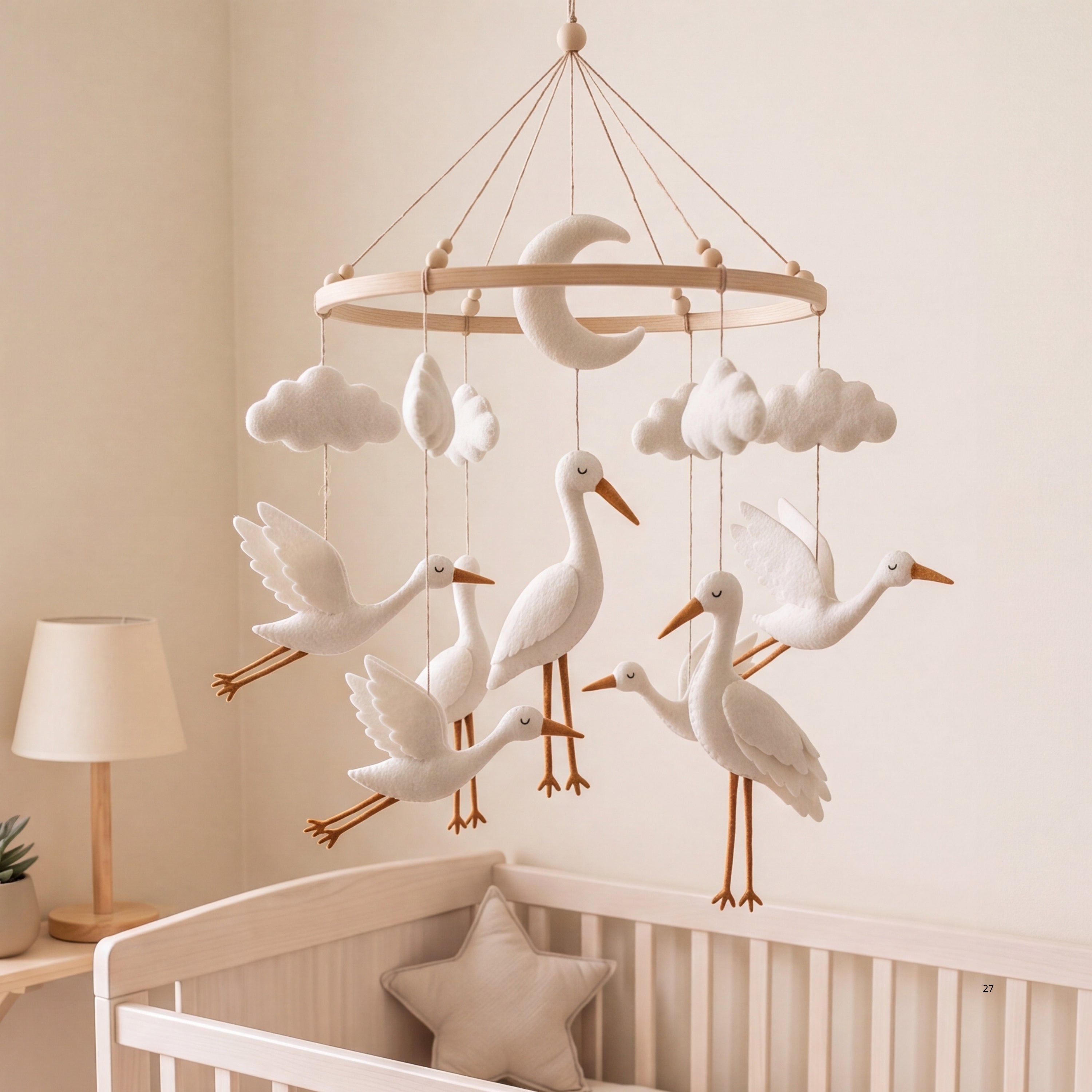 Stork Baby Mobile – Handmade Felt Flying Storks with Moon & Clouds | Neutral Newborn Nursery Decor