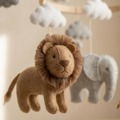 Safari Animals Baby Mobile – Handmade Felt Lion, Elephant, Giraffe & Zebra | Neutral Jungle Nursery Decor