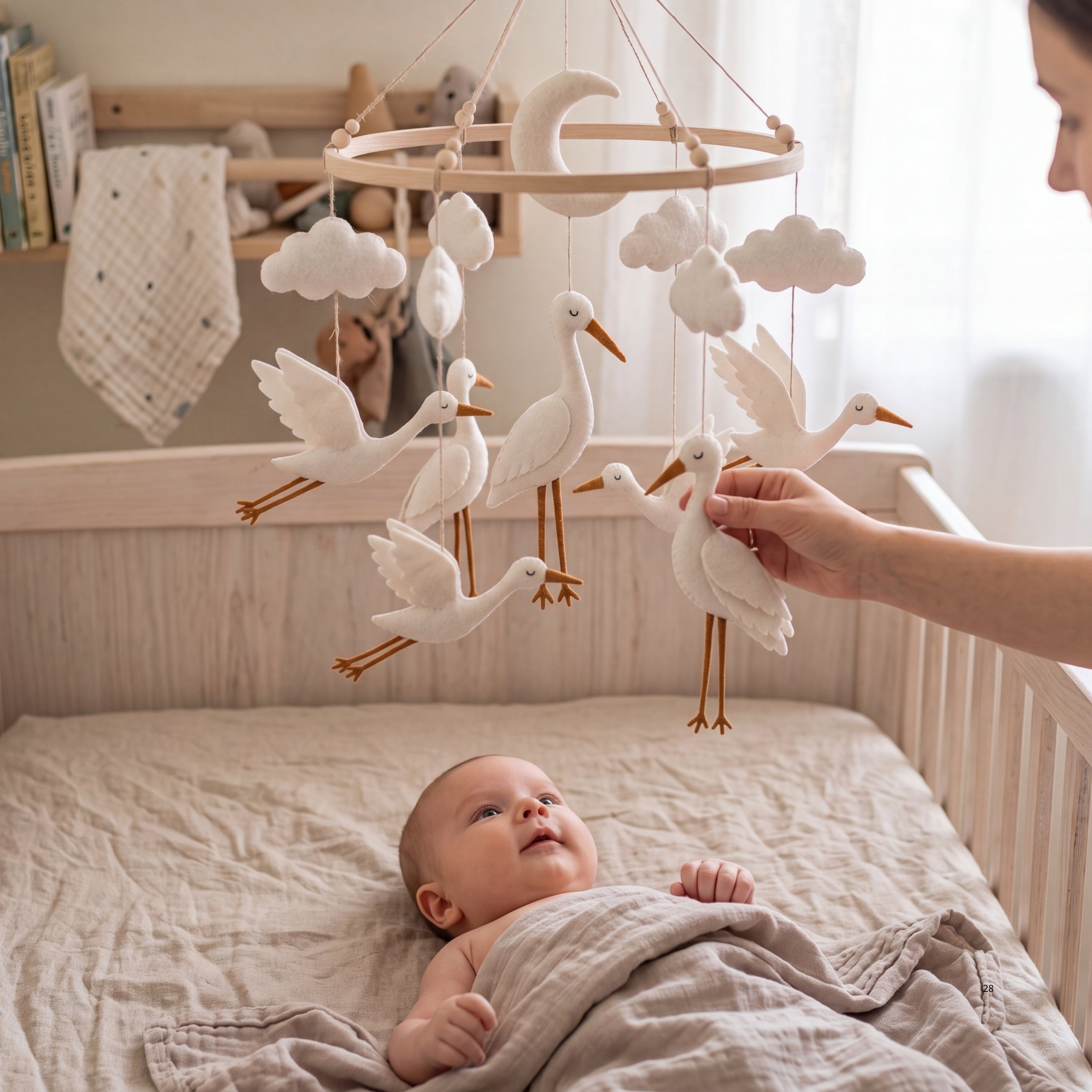 Stork Baby Mobile – Handmade Felt Flying Storks with Moon & Clouds | Neutral Newborn Nursery Decor
