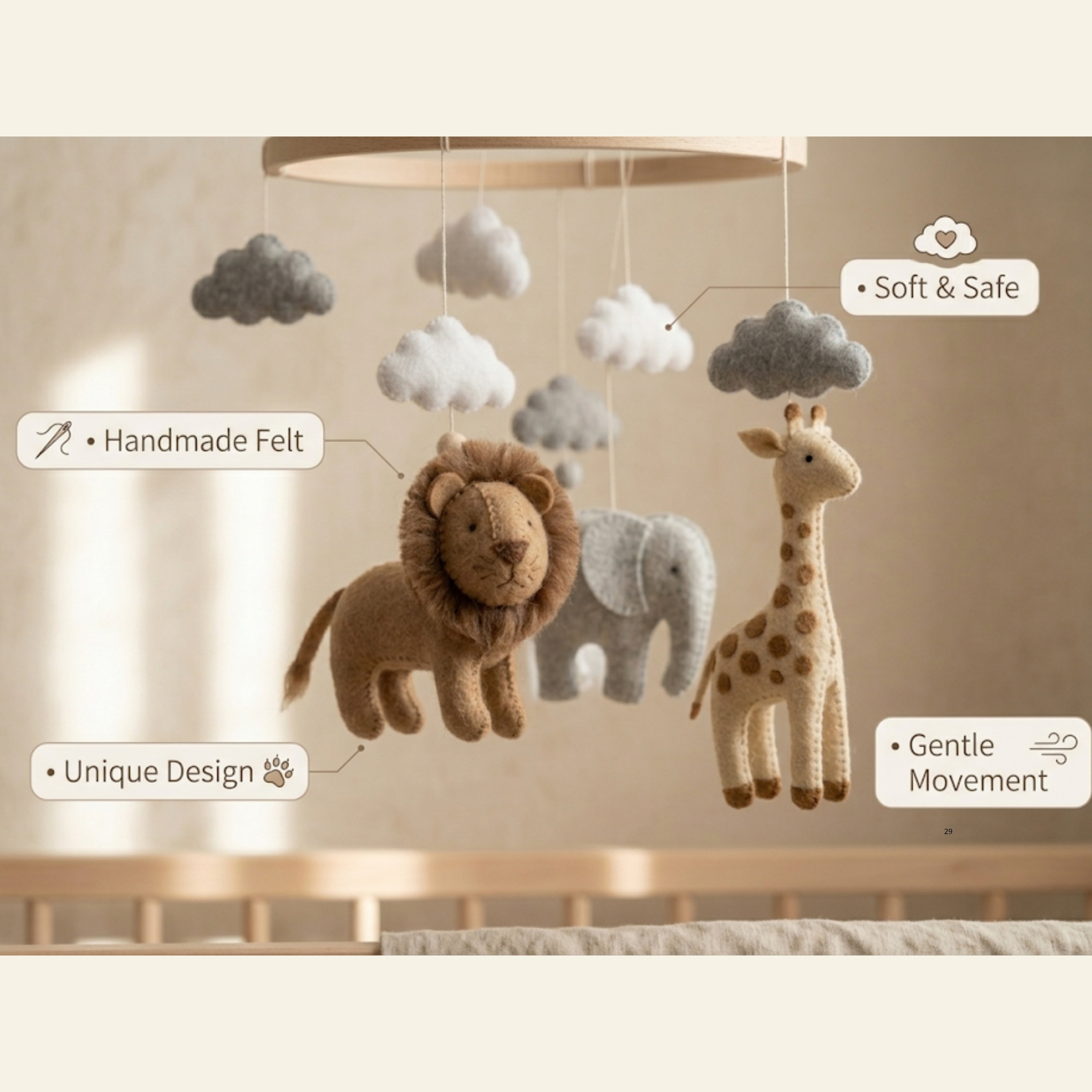 Safari Animals Baby Mobile – Handmade Felt Lion, Elephant, Giraffe & Zebra | Neutral Jungle Nursery Decor