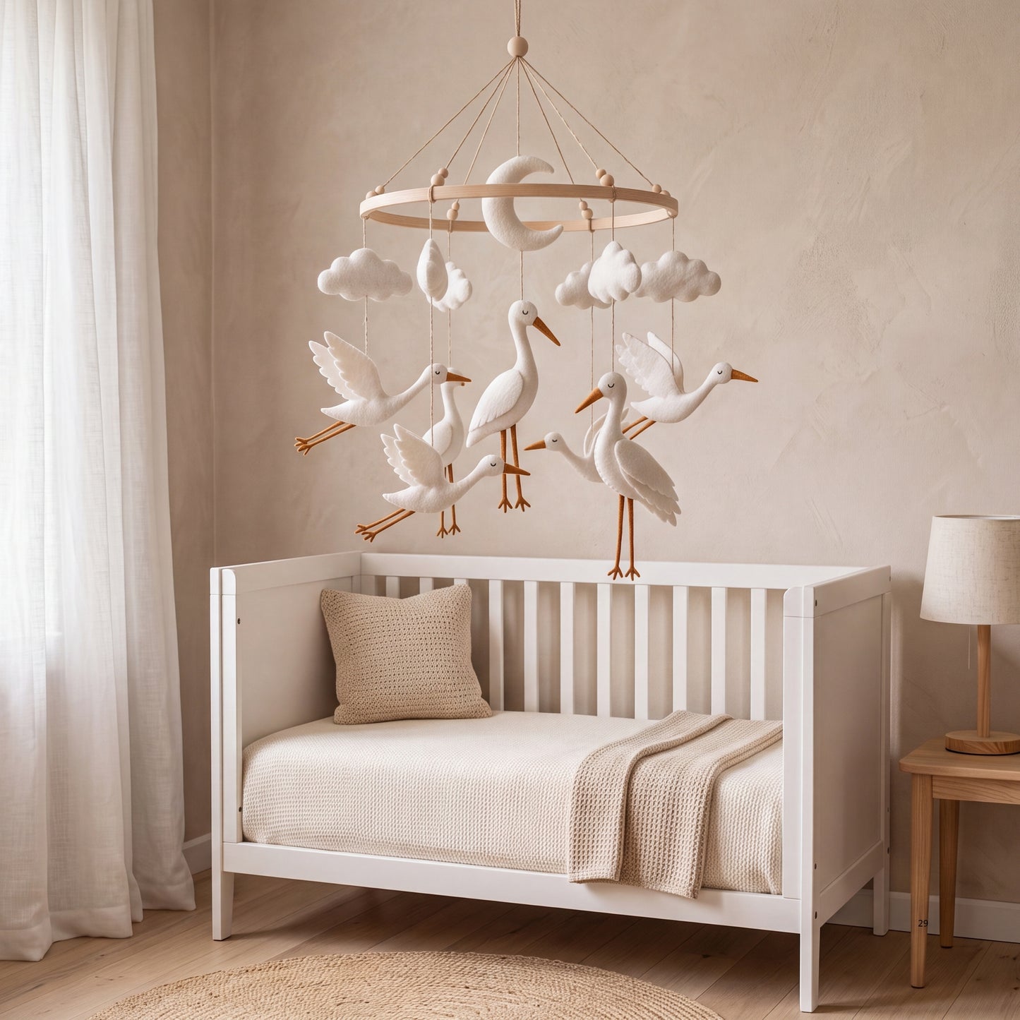 Stork Baby Mobile – Handmade Felt Flying Storks with Moon & Clouds | Neutral Newborn Nursery Decor