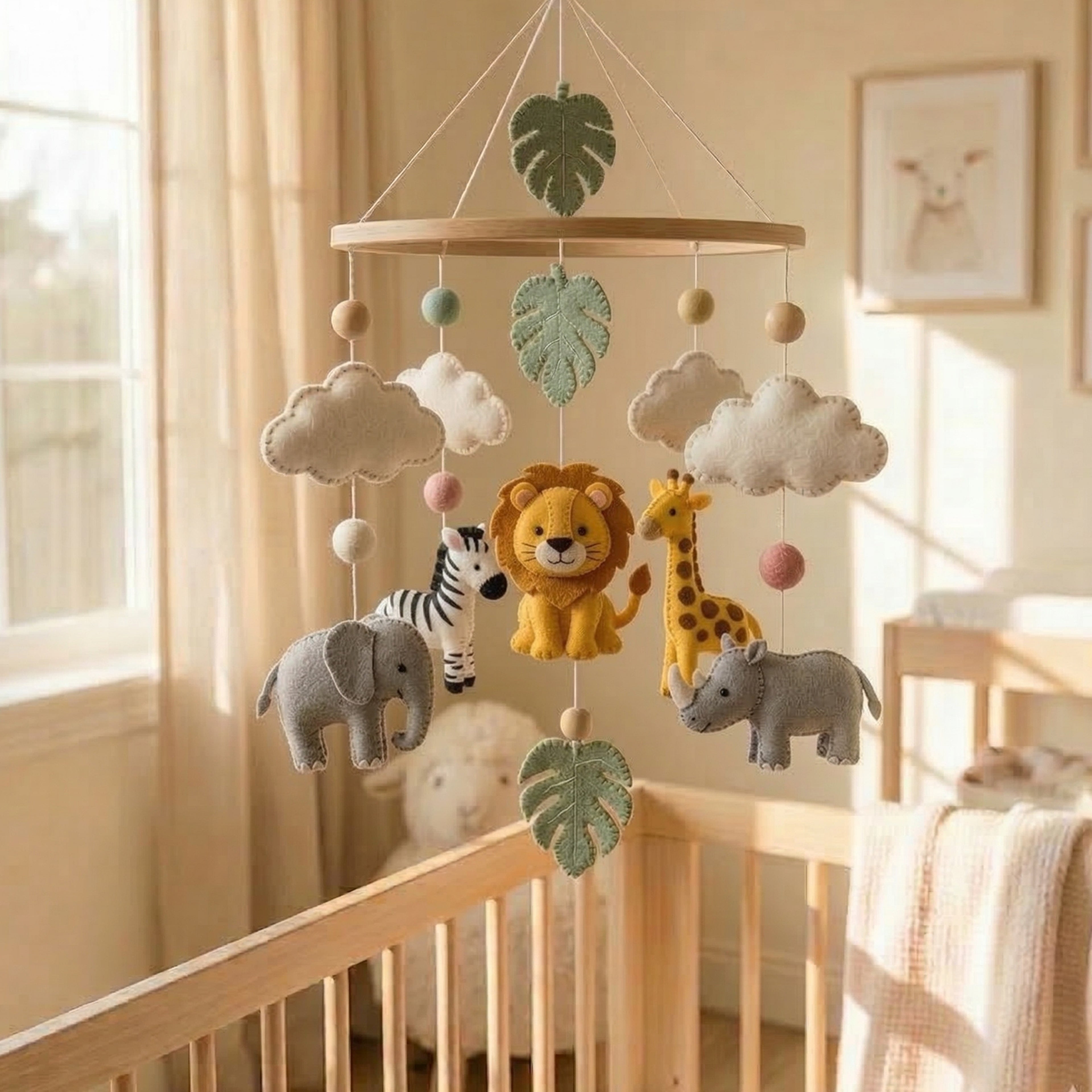 Jungle Safari Baby Mobile – Handmade Felt Lion, Elephant, Giraffe, Zebra & Rhino | Tropical Nursery Decor