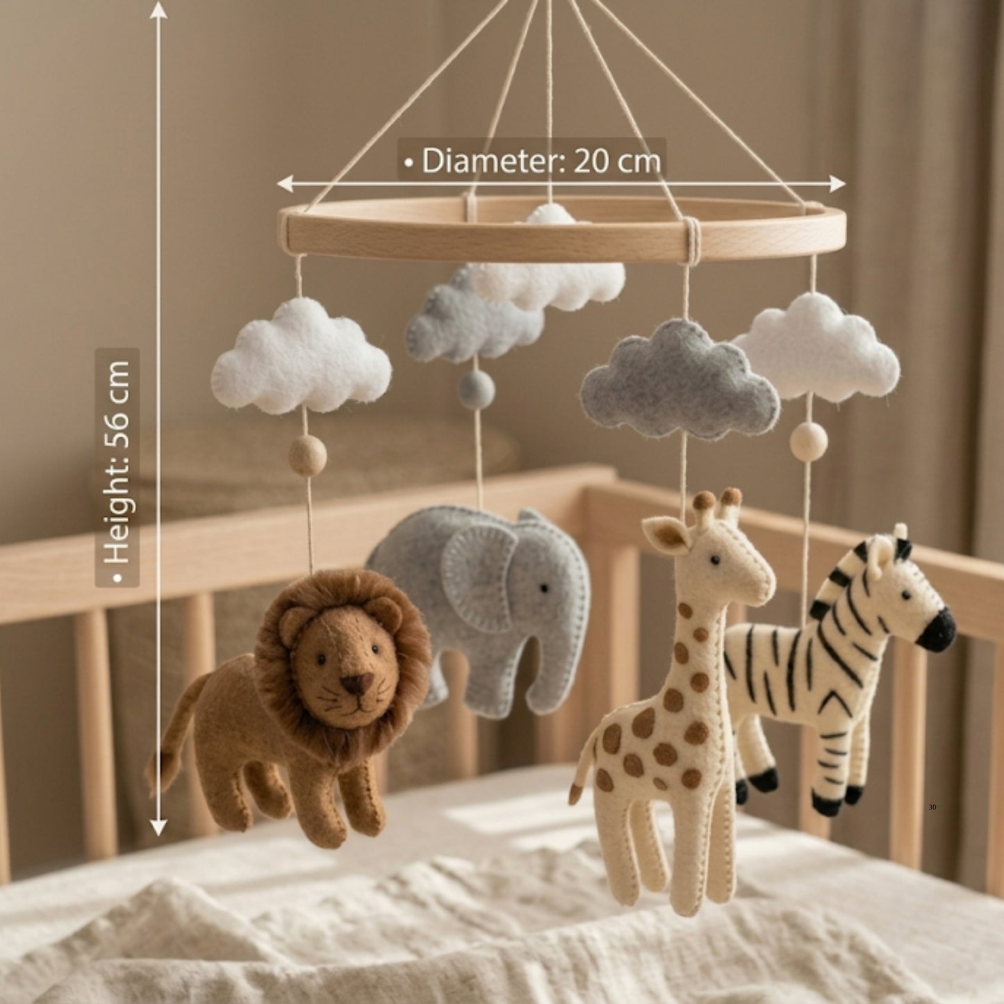 Safari Animals Baby Mobile – Handmade Felt Lion, Elephant, Giraffe & Zebra | Neutral Jungle Nursery Decor