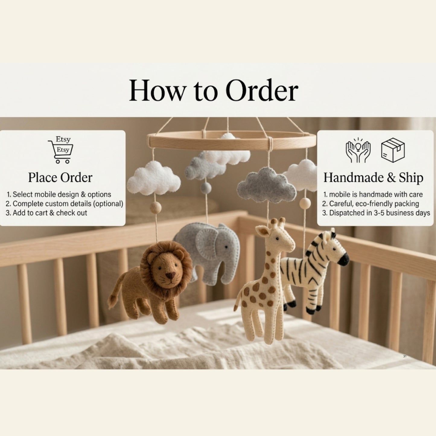 Safari Animals Baby Mobile – Handmade Felt Lion, Elephant, Giraffe & Zebra | Neutral Jungle Nursery Decor