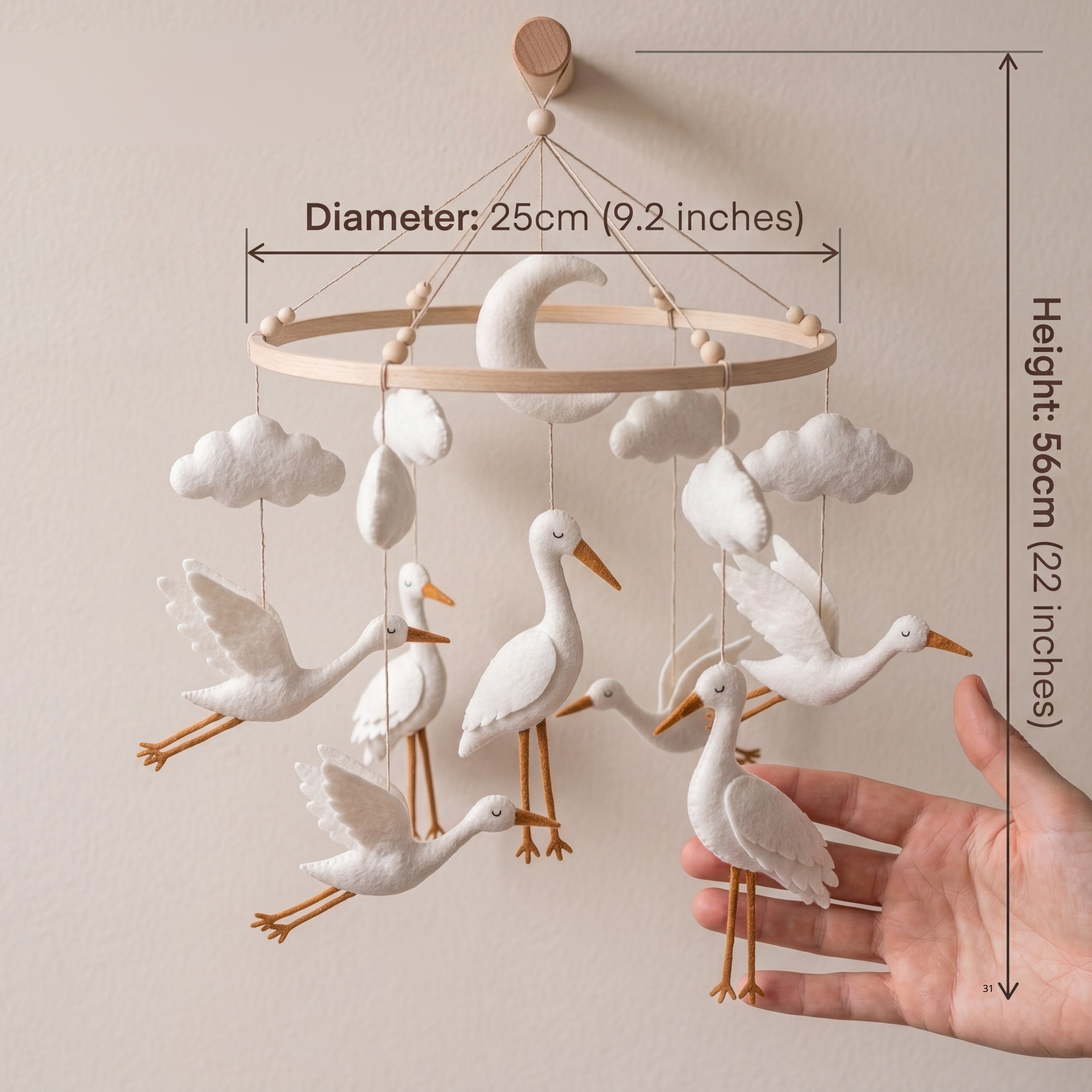 Stork Baby Mobile – Handmade Felt Flying Storks with Moon & Clouds | Neutral Newborn Nursery Decor