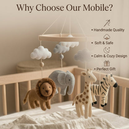 Safari Animals Baby Mobile – Handmade Felt Lion, Elephant, Giraffe & Zebra | Neutral Jungle Nursery Decor