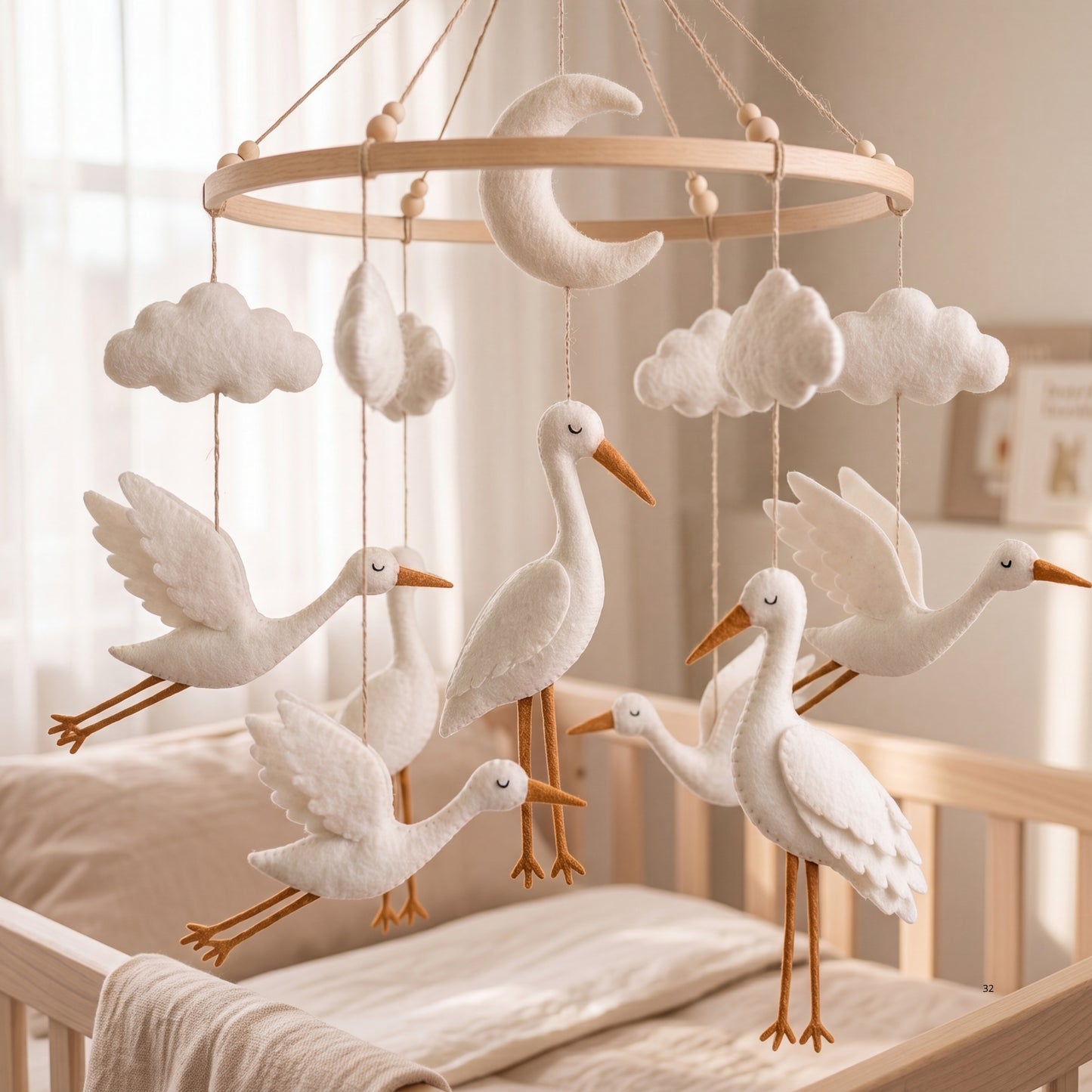 Stork Baby Mobile – Handmade Felt Flying Storks with Moon & Clouds | Neutral Newborn Nursery Decor