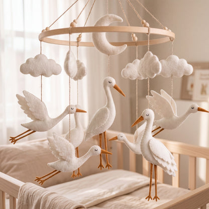 Stork Baby Mobile – Handmade Felt Flying Storks with Moon & Clouds | Neutral Newborn Nursery Decor