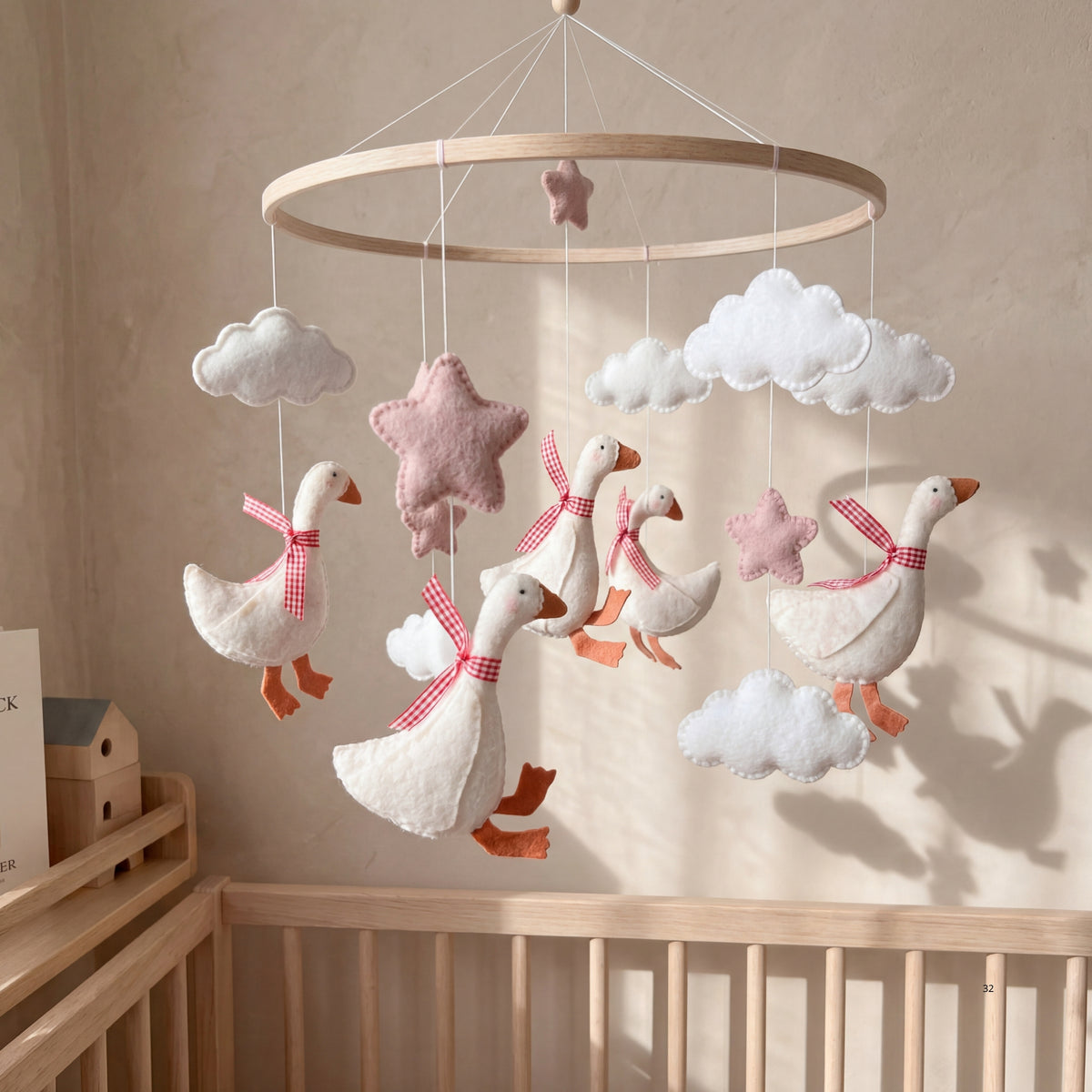 Goose Baby Mobile – Handmade Felt Geese with Red Gingham Bows | Cottagecore Farmhouse Nursery Decor