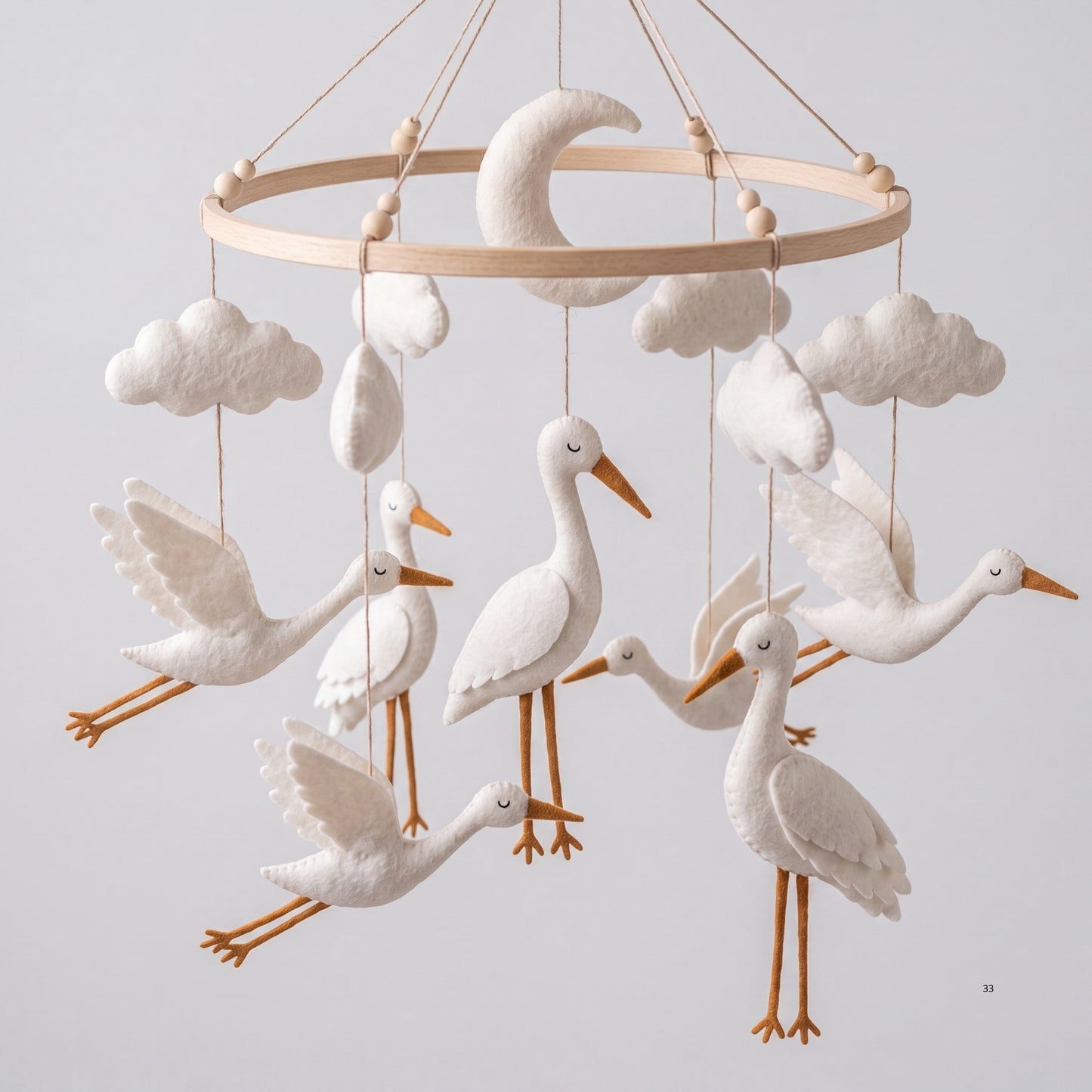 Stork Baby Mobile – Handmade Felt Flying Storks with Moon & Clouds | Neutral Newborn Nursery Decor