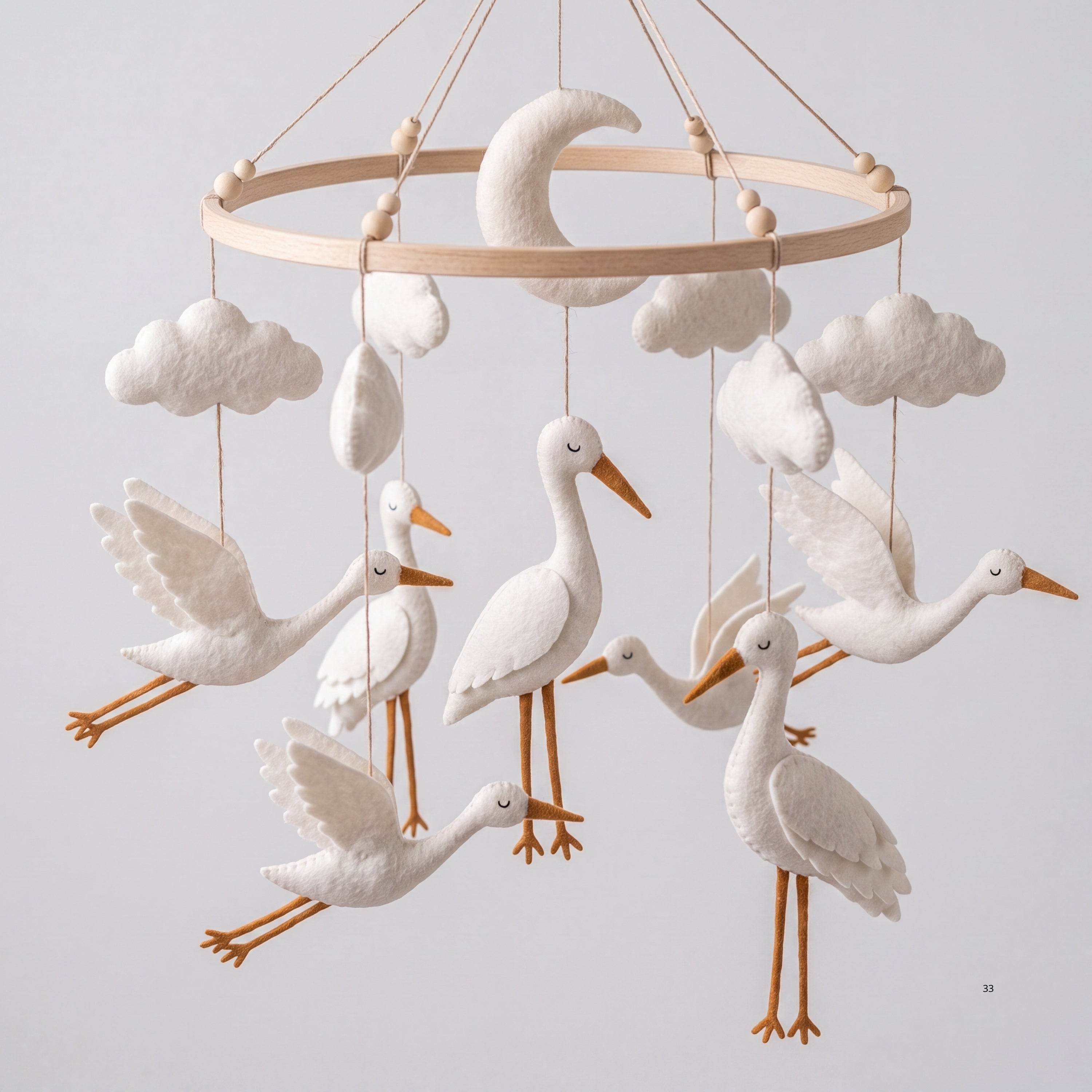 Stork Baby Mobile – Handmade Felt Flying Storks with Moon & Clouds | Neutral Newborn Nursery Decor