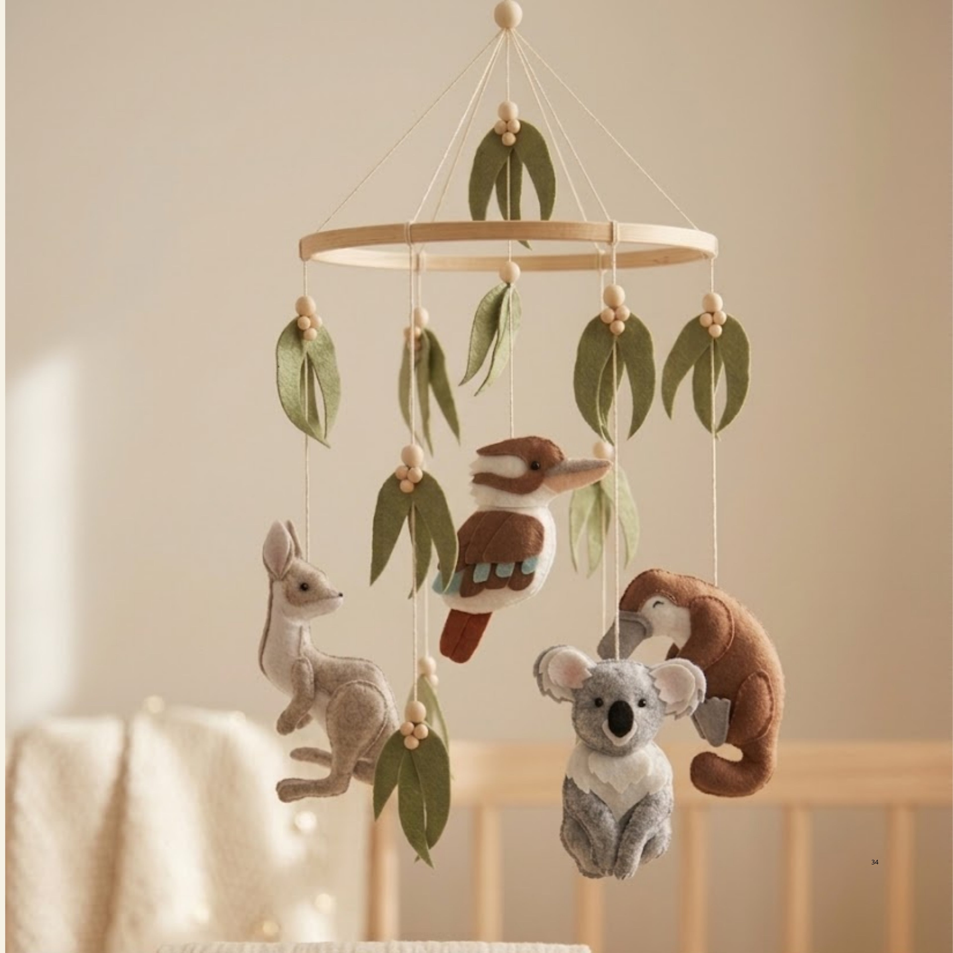 Australian Animal Baby Mobile – Koala, Kangaroo, Kookaburra & Platypus | Felt Nursery Mobile with Eucalyptus Leaves & Wooden Beads