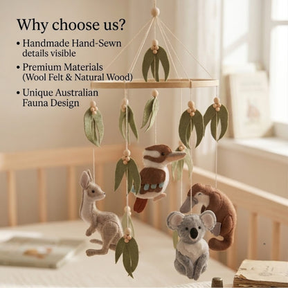 Australian Animal Baby Mobile – Koala, Kangaroo, Kookaburra & Platypus | Felt Nursery Mobile with Eucalyptus Leaves & Wooden Beads