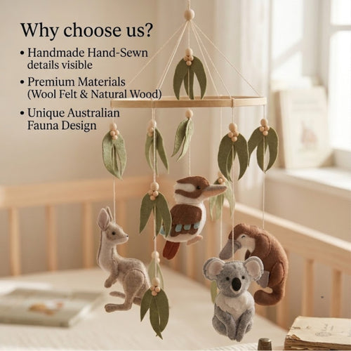 Australian Animal Baby Mobile – Koala, Kangaroo, Kookaburra & Platypus | Felt Nursery Mobile with Eucalyptus Leaves & Wooden Beads