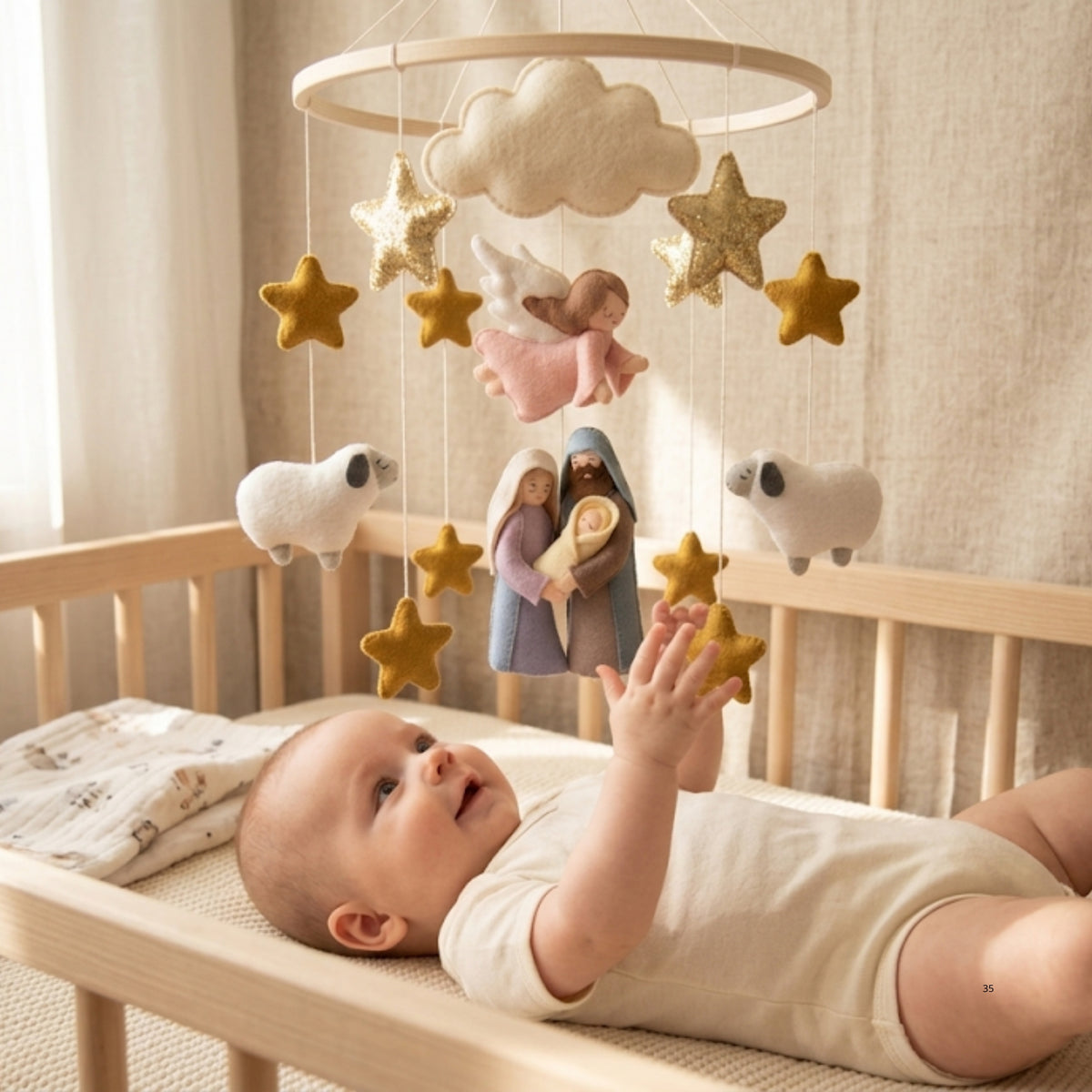 Nativity Baby Mobile – Handmade Felt Holy Family with Angel, Sheep & Stars | Christian Christmas Nursery Decor