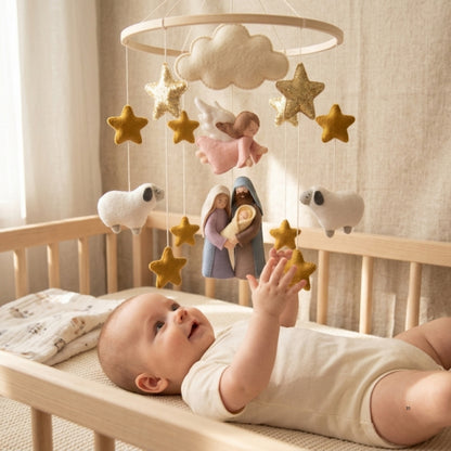 Nativity Baby Mobile – Handmade Felt Holy Family with Angel, Sheep & Stars | Christian Christmas Nursery Decor