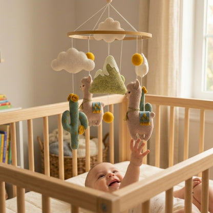 Llama Baby Mobile – Handmade Felt Llamas with Cactus & Mountains | Boho Southwestern Nursery Decor
