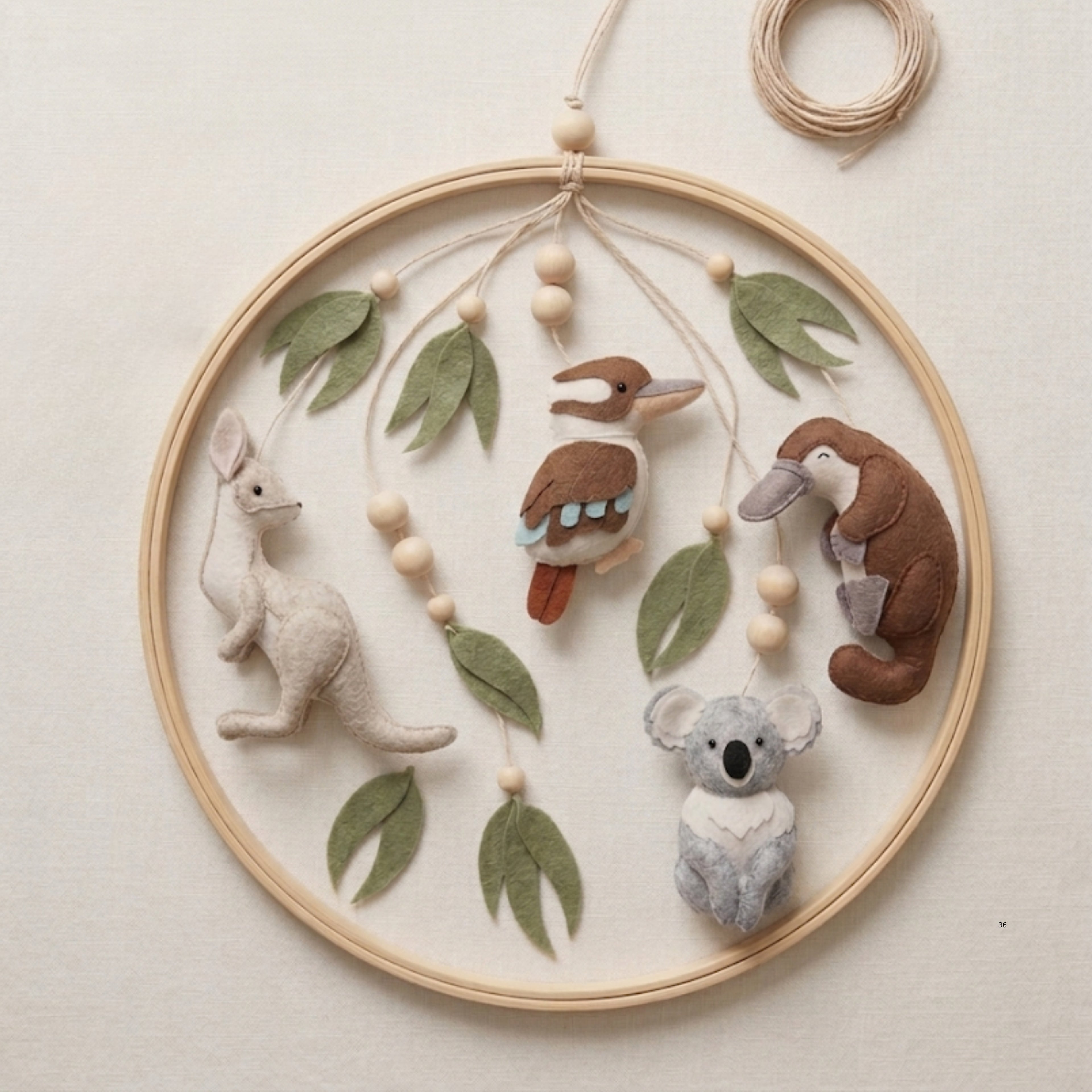 Australian Animal Baby Mobile – Koala, Kangaroo, Kookaburra & Platypus | Felt Nursery Mobile with Eucalyptus Leaves & Wooden Beads