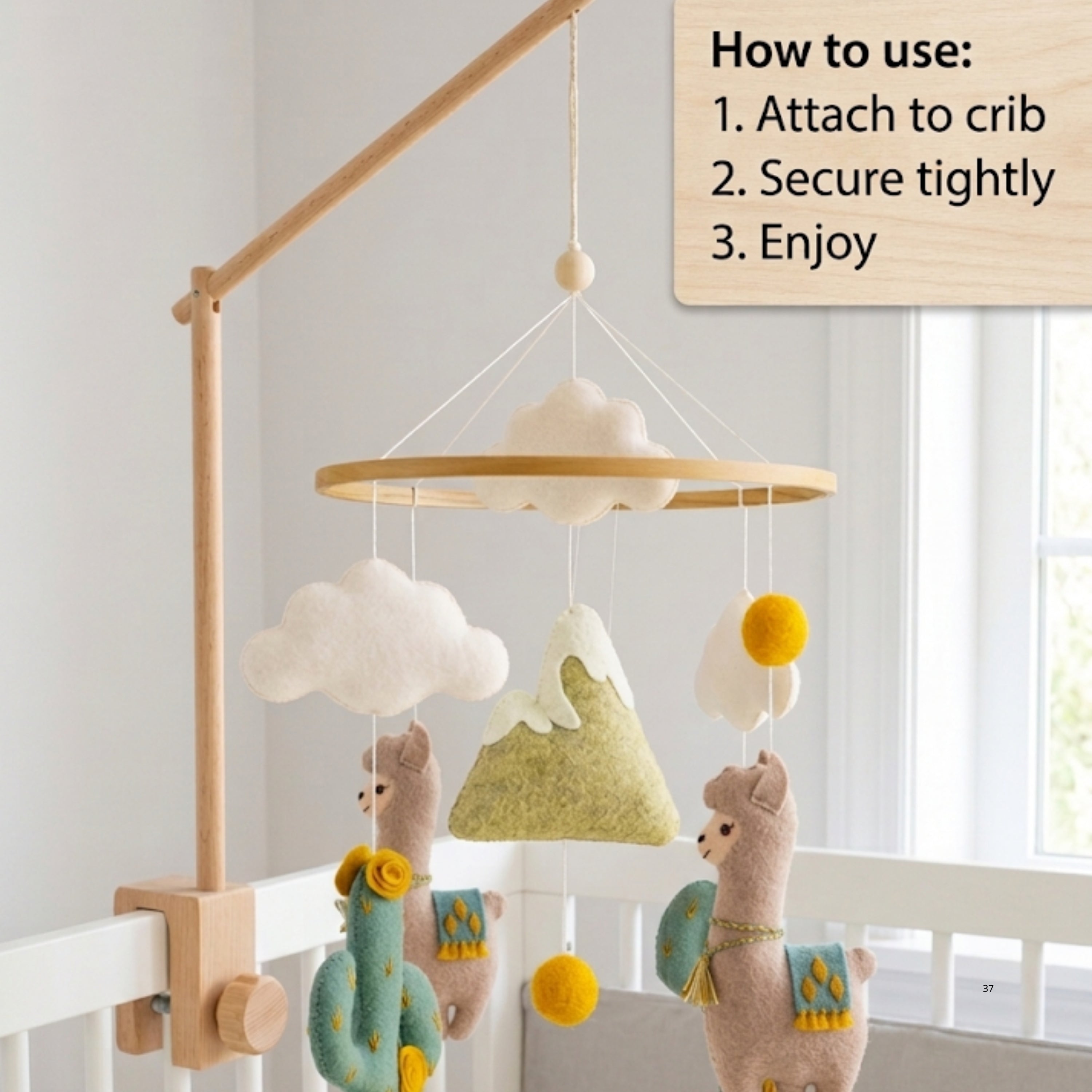 Llama Baby Mobile – Handmade Felt Llamas with Cactus & Mountains | Boho Southwestern Nursery Decor