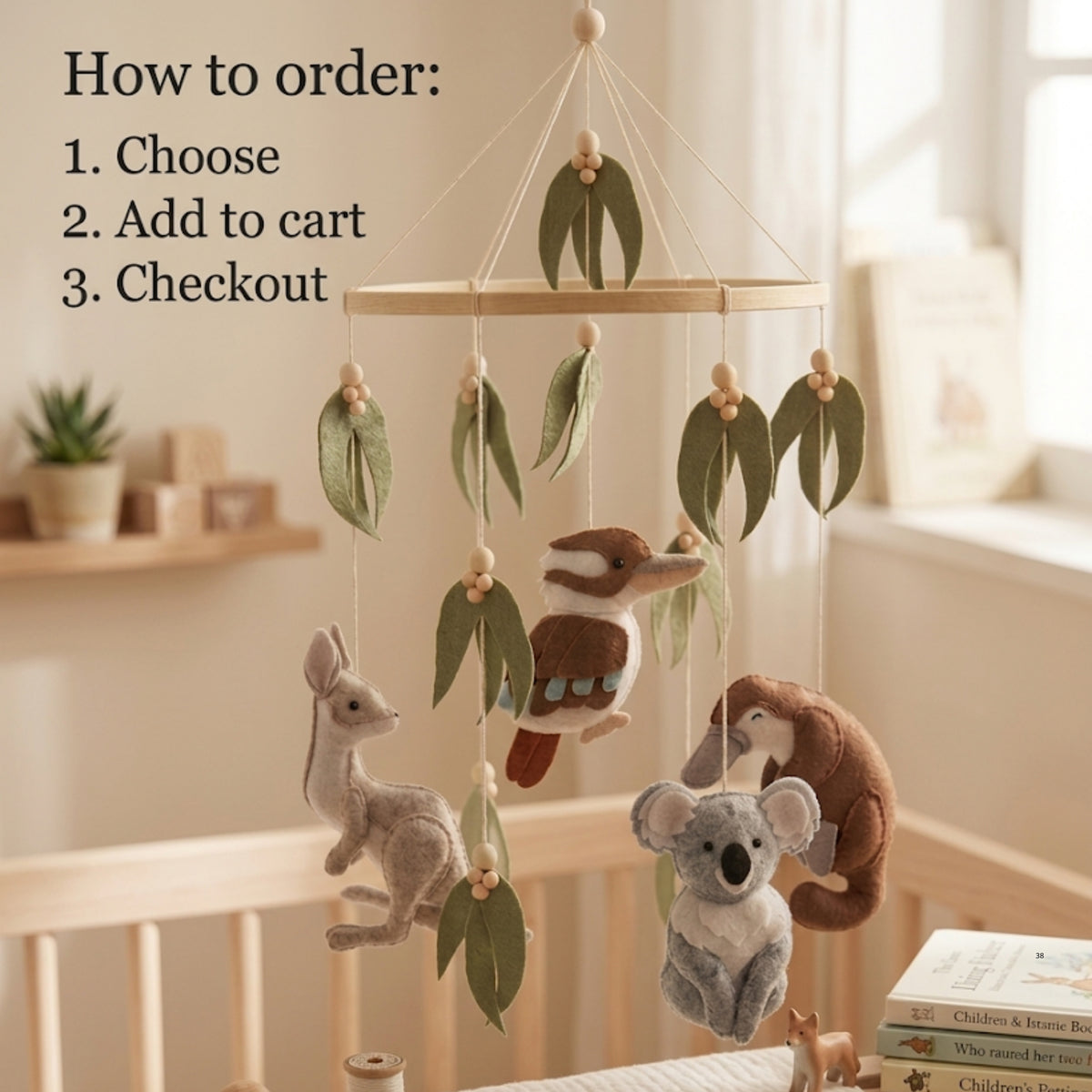 Australian Animal Baby Mobile – Koala, Kangaroo, Kookaburra & Platypus | Felt Nursery Mobile with Eucalyptus Leaves & Wooden Beads