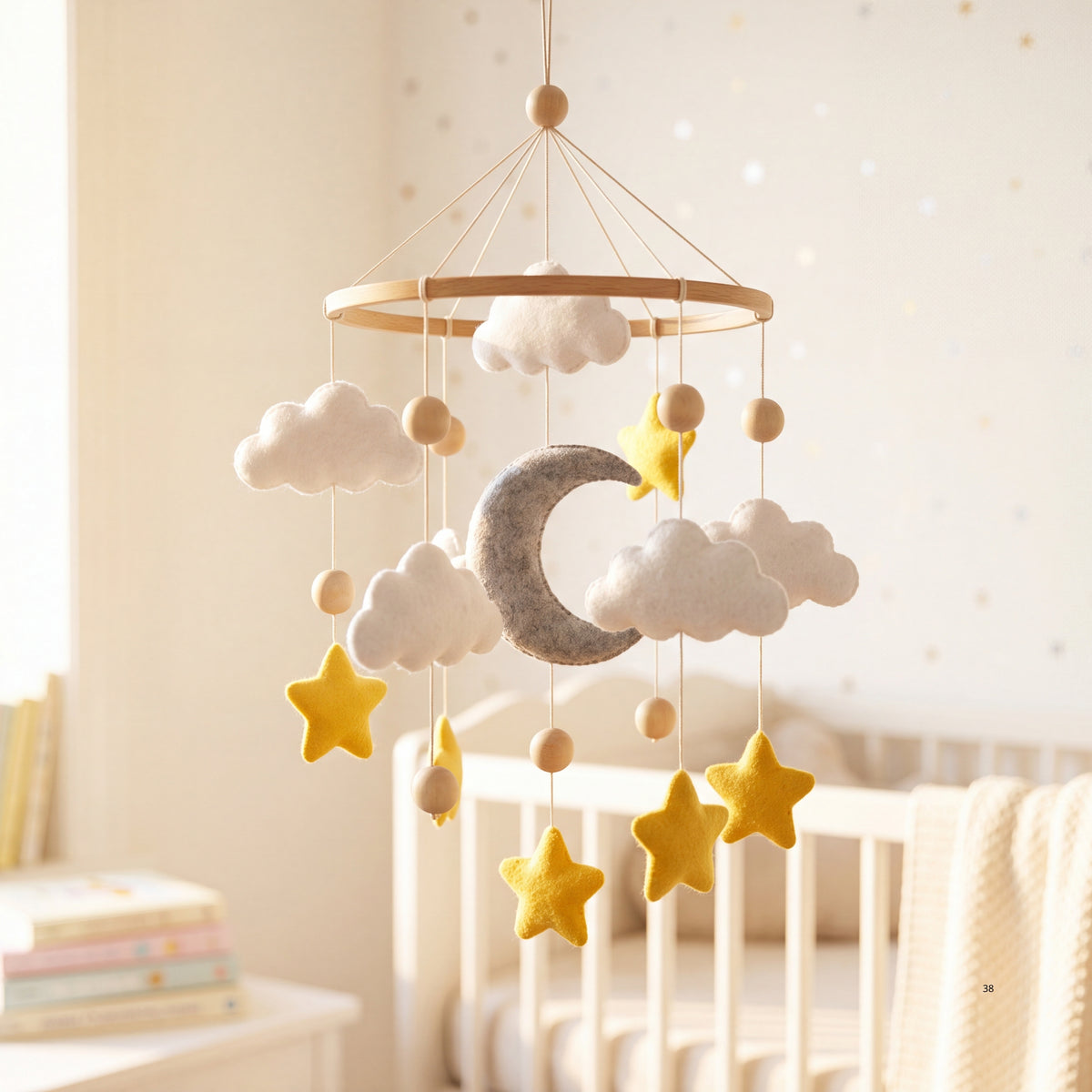Moon & Stars Baby Mobile – Handmade Felt Crescent Moon with Gold Stars & Clouds | Neutral Celestial Nursery Decor