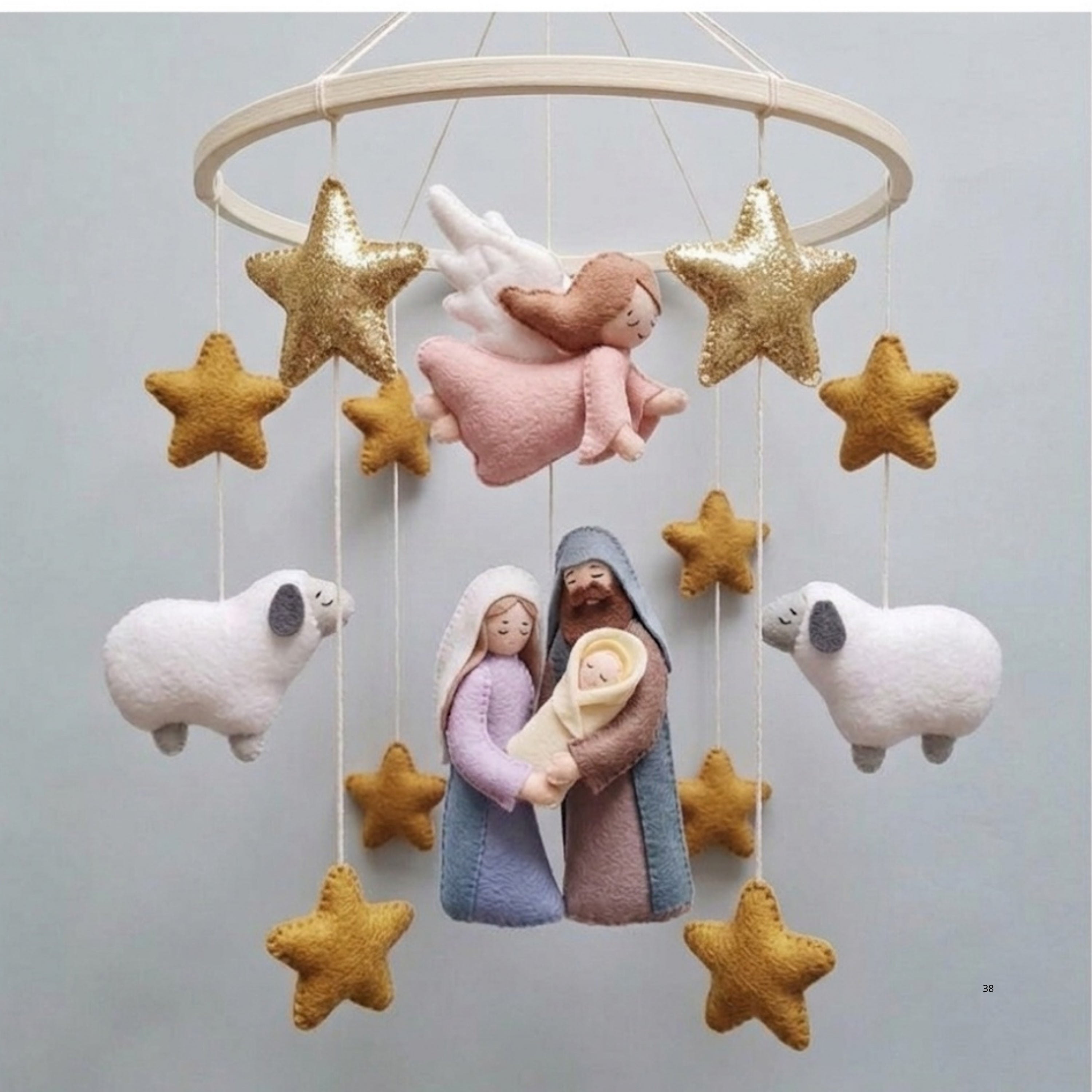 Nativity Baby Mobile – Handmade Felt Holy Family with Angel, Sheep & Stars | Christian Christmas Nursery Decor