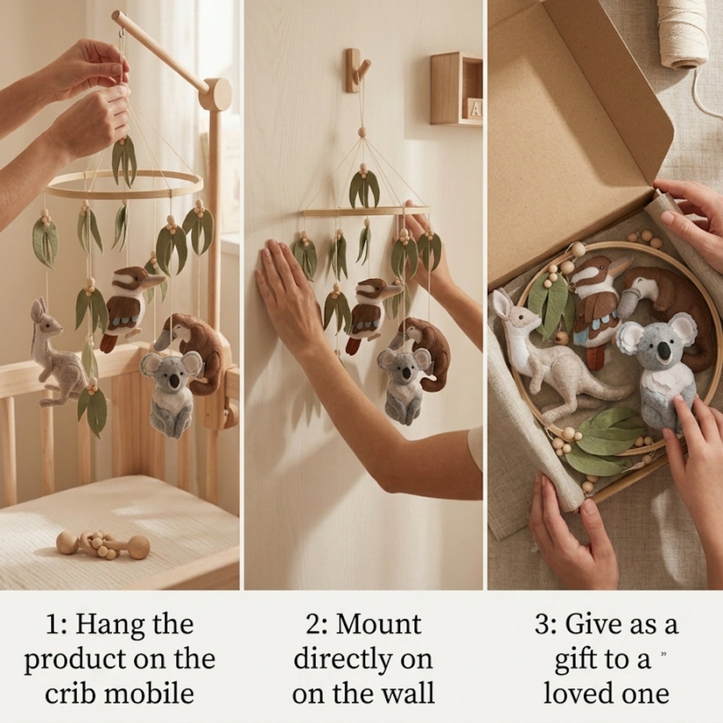 Australian Animal Baby Mobile – Koala, Kangaroo, Kookaburra & Platypus | Felt Nursery Mobile with Eucalyptus Leaves & Wooden Beads