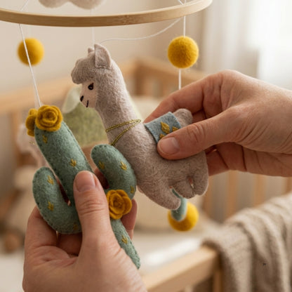 Llama Baby Mobile – Handmade Felt Llamas with Cactus & Mountains | Boho Southwestern Nursery Decor