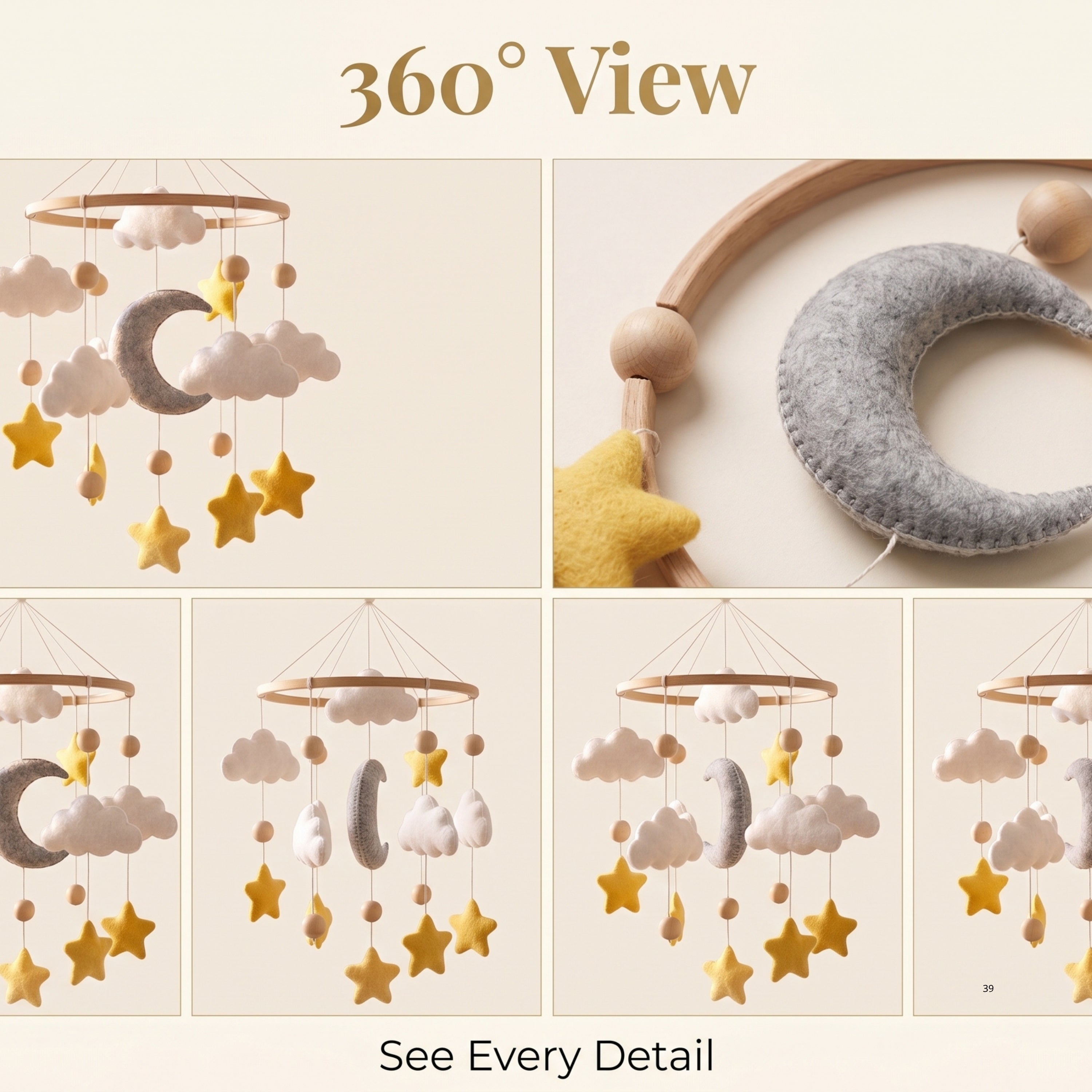 Moon & Stars Baby Mobile – Handmade Felt Crescent Moon with Gold Stars & Clouds | Neutral Celestial Nursery Decor