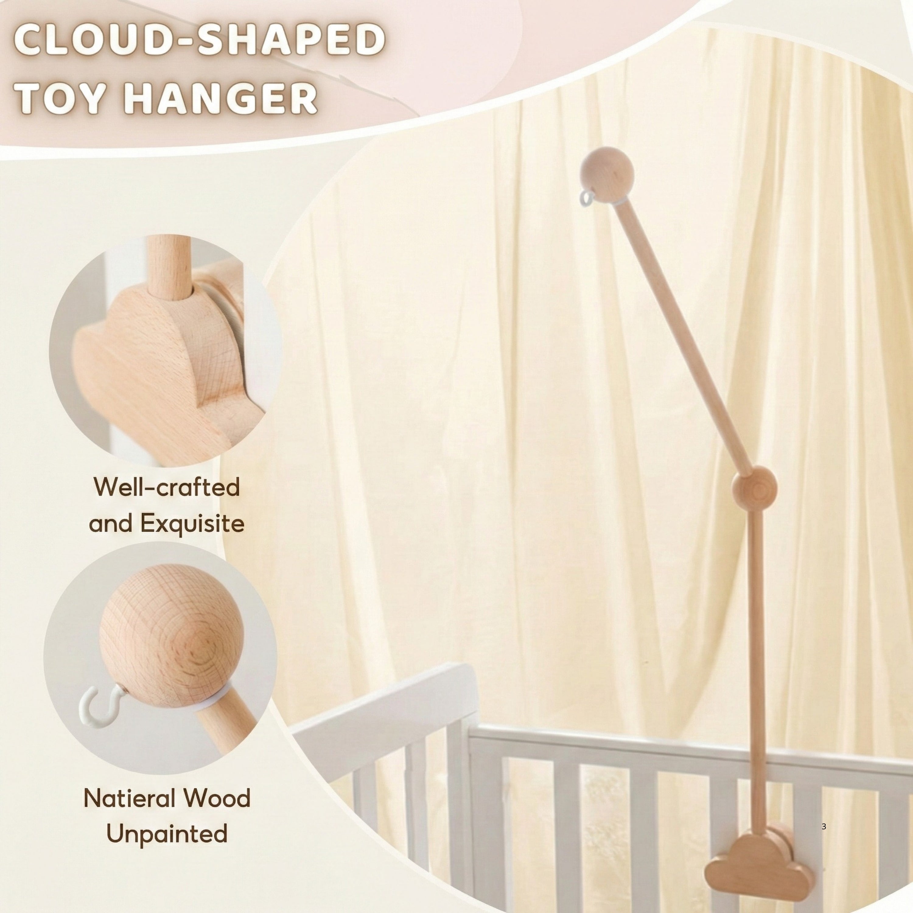 Wooden Baby Mobile Arm with Cloud Clamp – Crib Mobile Holder