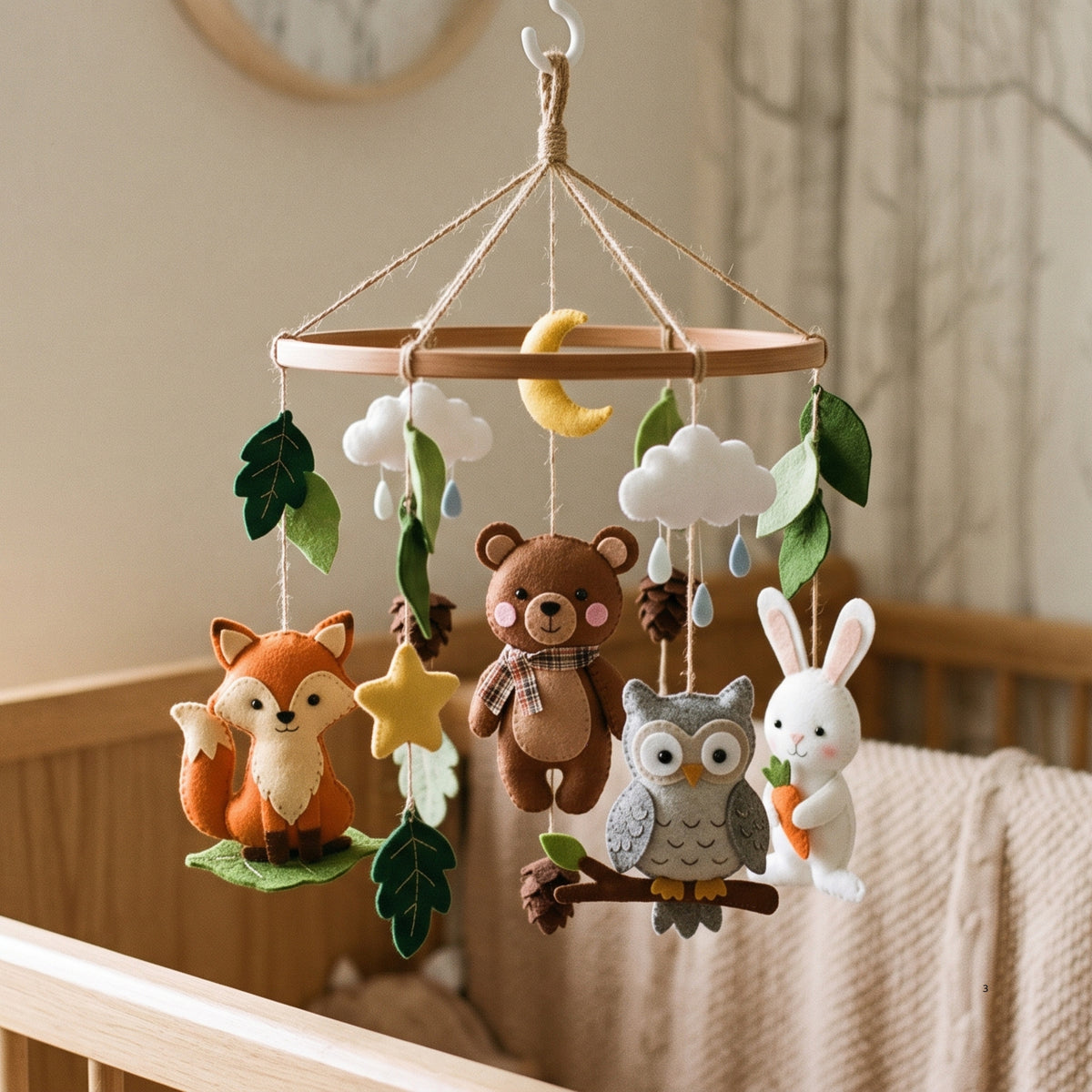 Woodland Nursery Mobile – Handmade Felt Fox, Bear, Owl & Bunny with Moon & Clouds | Forest Baby Crib Decor