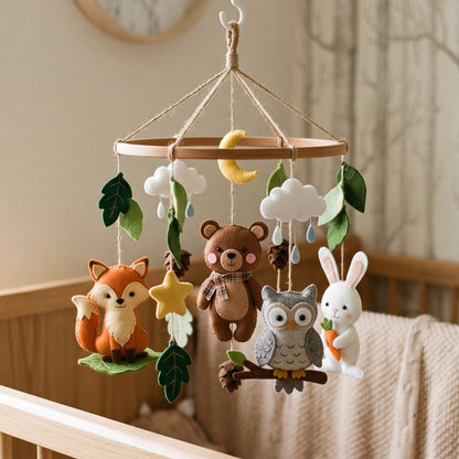 Woodland Nursery Mobile – Handmade Felt Fox, Bear, Owl & Bunny with Moon & Clouds | Forest Baby Crib Decor
