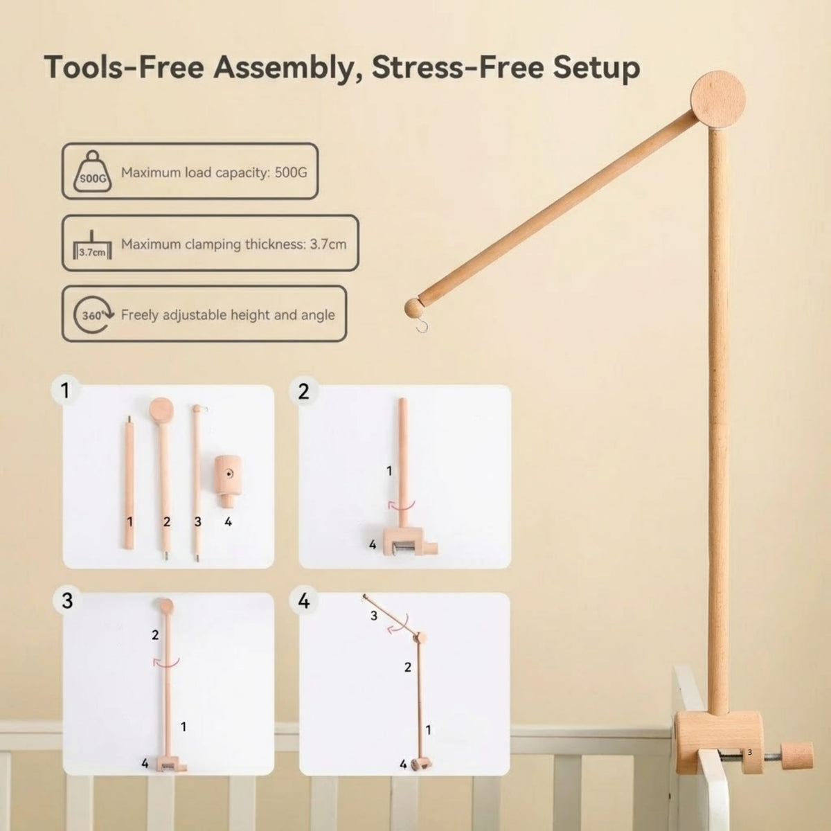 Wooden Baby Mobile Arm – Adjustable Crib Mobile Holder with Anti-Tip Base | Beech Wood Nursery Hanger in 6 Colors