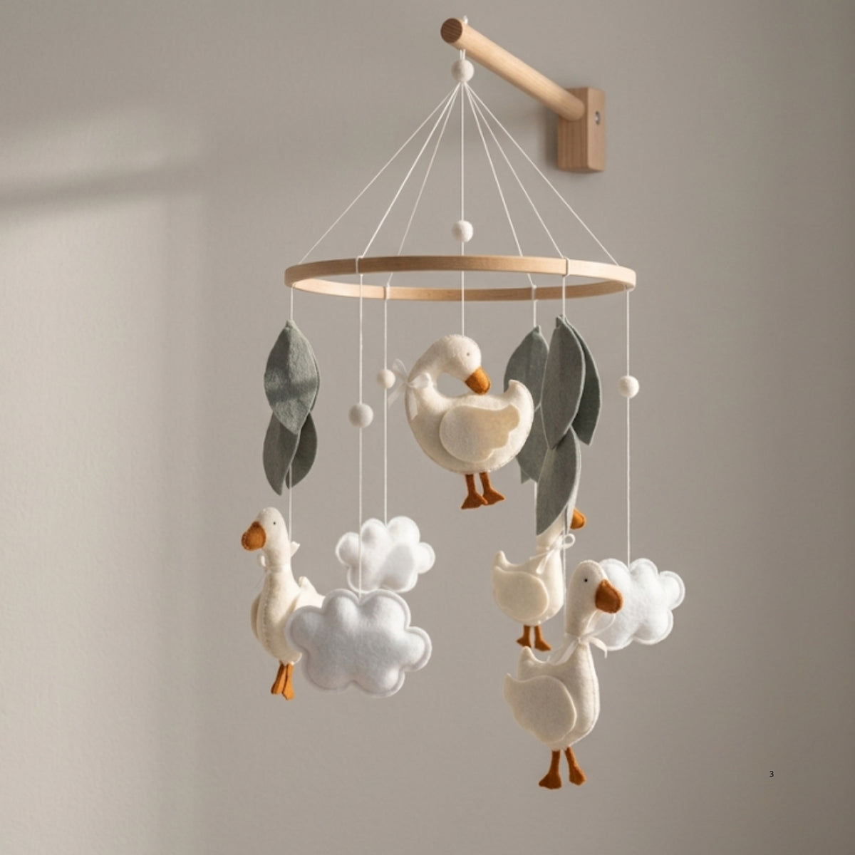 Goose Baby Mobile – Handmade Felt Geese with Clouds & Leaves | Minimalist Neutral Nursery Decor
