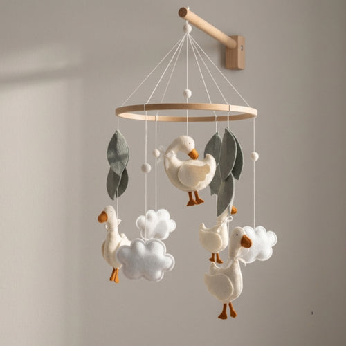 Goose Baby Mobile – Handmade Felt Geese with Clouds & Leaves | Minimalist Neutral Nursery Decor