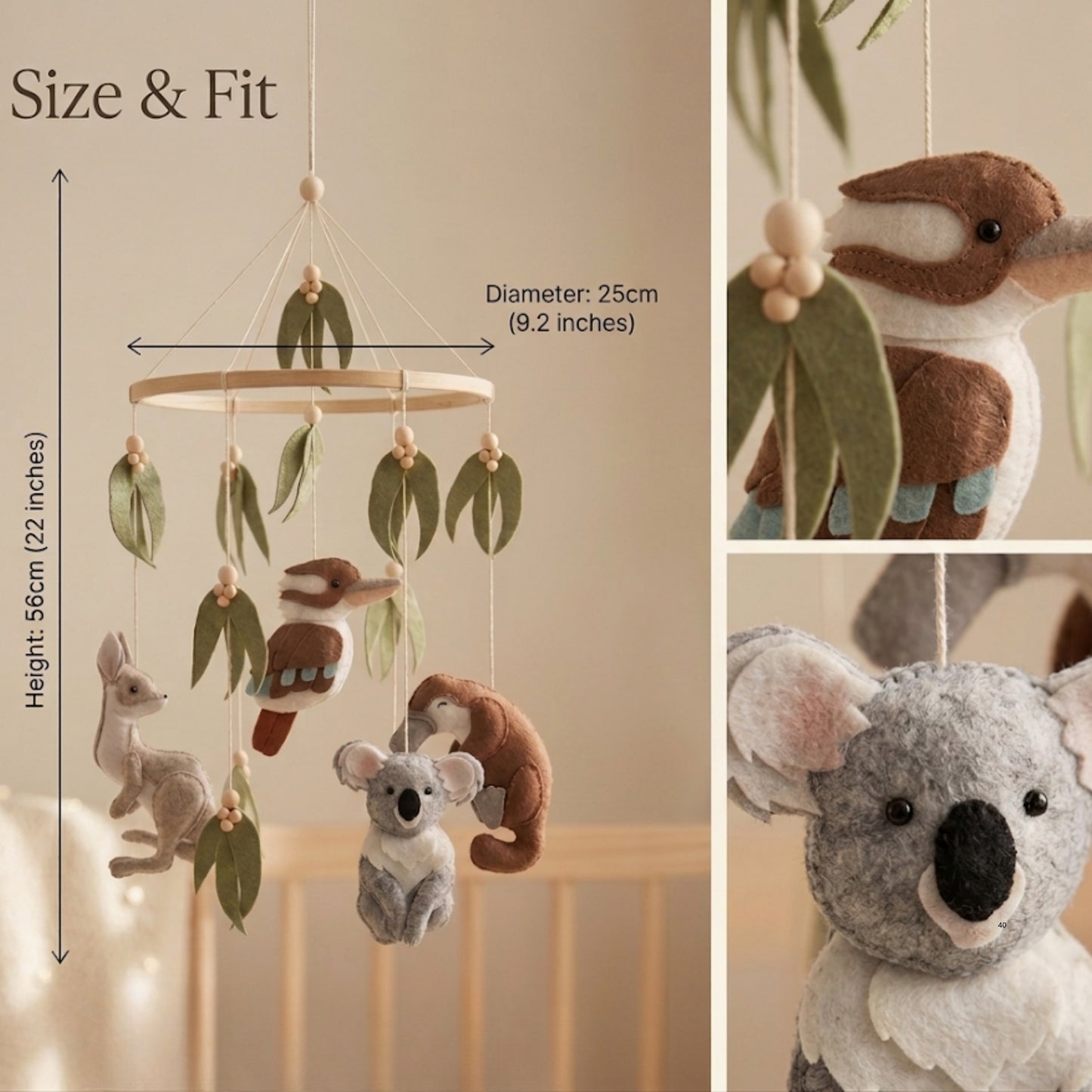 Australian Animal Baby Mobile – Koala, Kangaroo, Kookaburra & Platypus | Felt Nursery Mobile with Eucalyptus Leaves & Wooden Beads