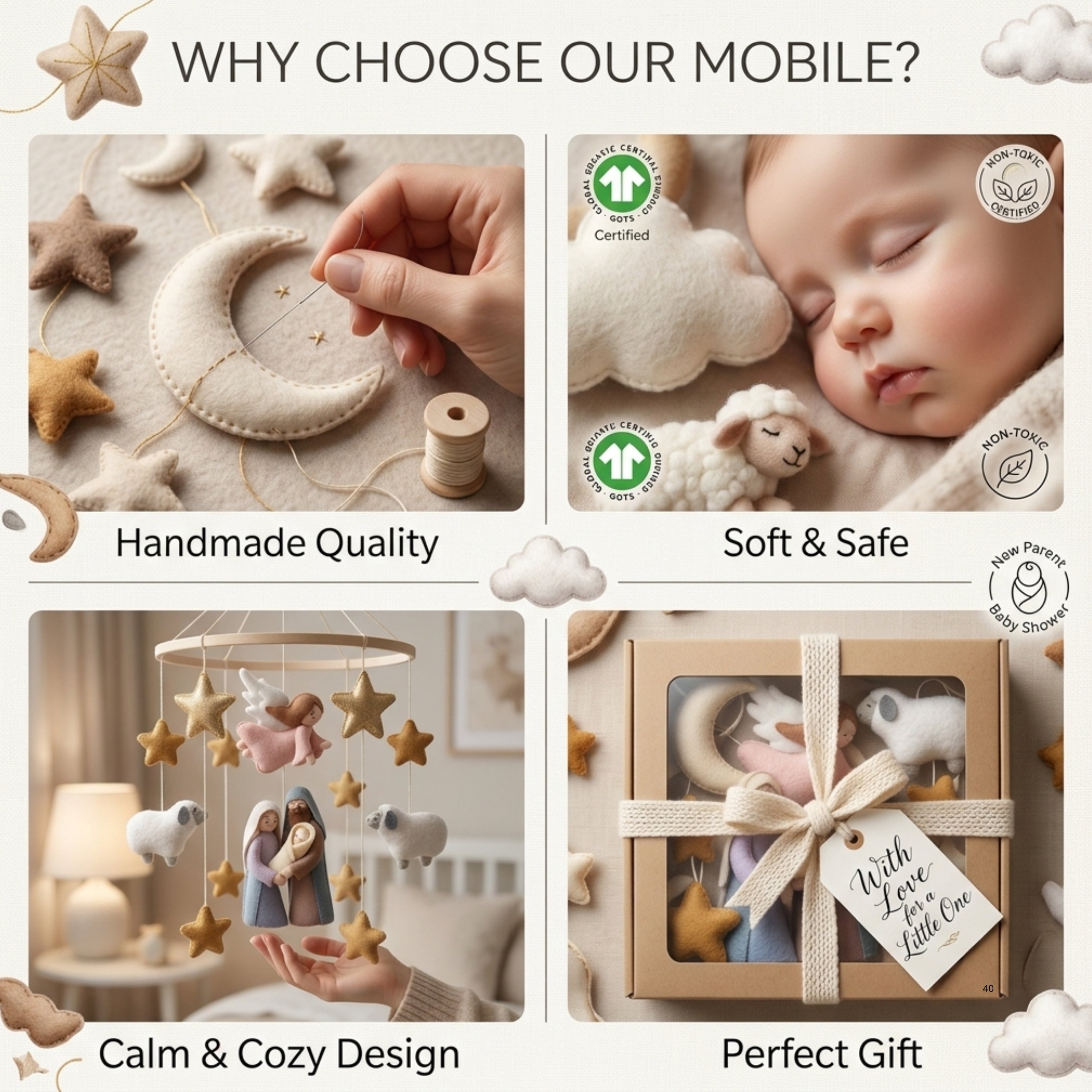 Nativity Baby Mobile – Handmade Felt Holy Family with Angel, Sheep & Stars | Christian Christmas Nursery Decor