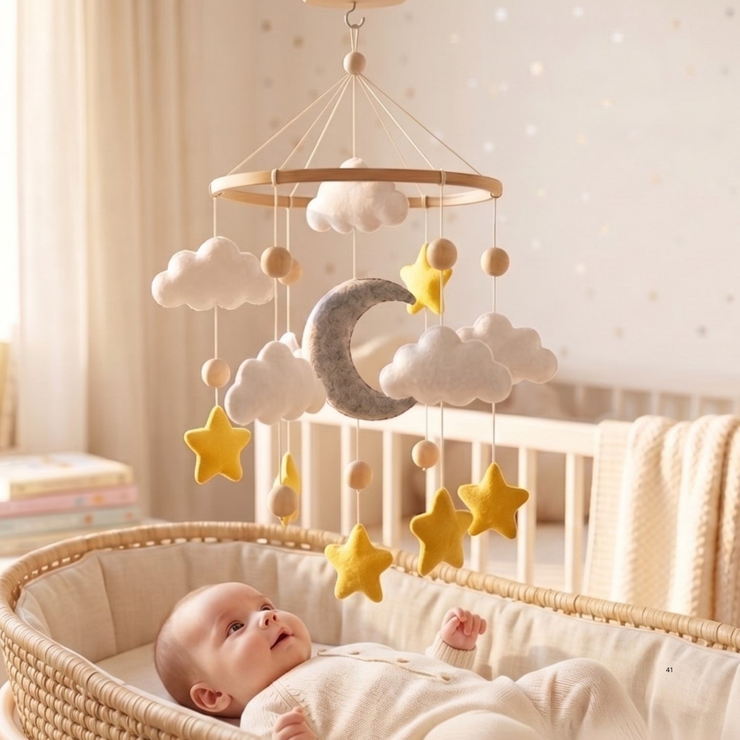 Moon & Stars Baby Mobile – Handmade Felt Crescent Moon with Gold Stars & Clouds | Neutral Celestial Nursery Decor