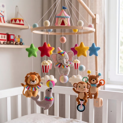 Circus Animals Baby Mobile – Handmade Felt Elephant, Lion, Monkey, Seal & Bear | Colorful Circus Nursery Decor