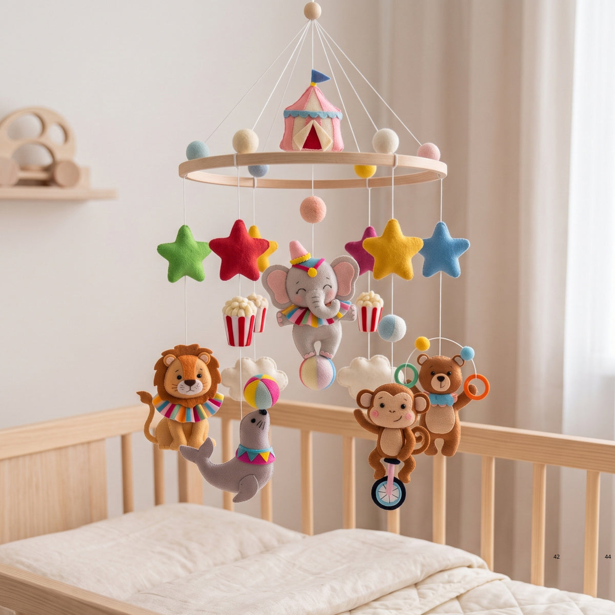 Circus Animals Baby Mobile – Handmade Felt Elephant, Lion, Monkey, Seal & Bear | Colorful Circus Nursery Decor