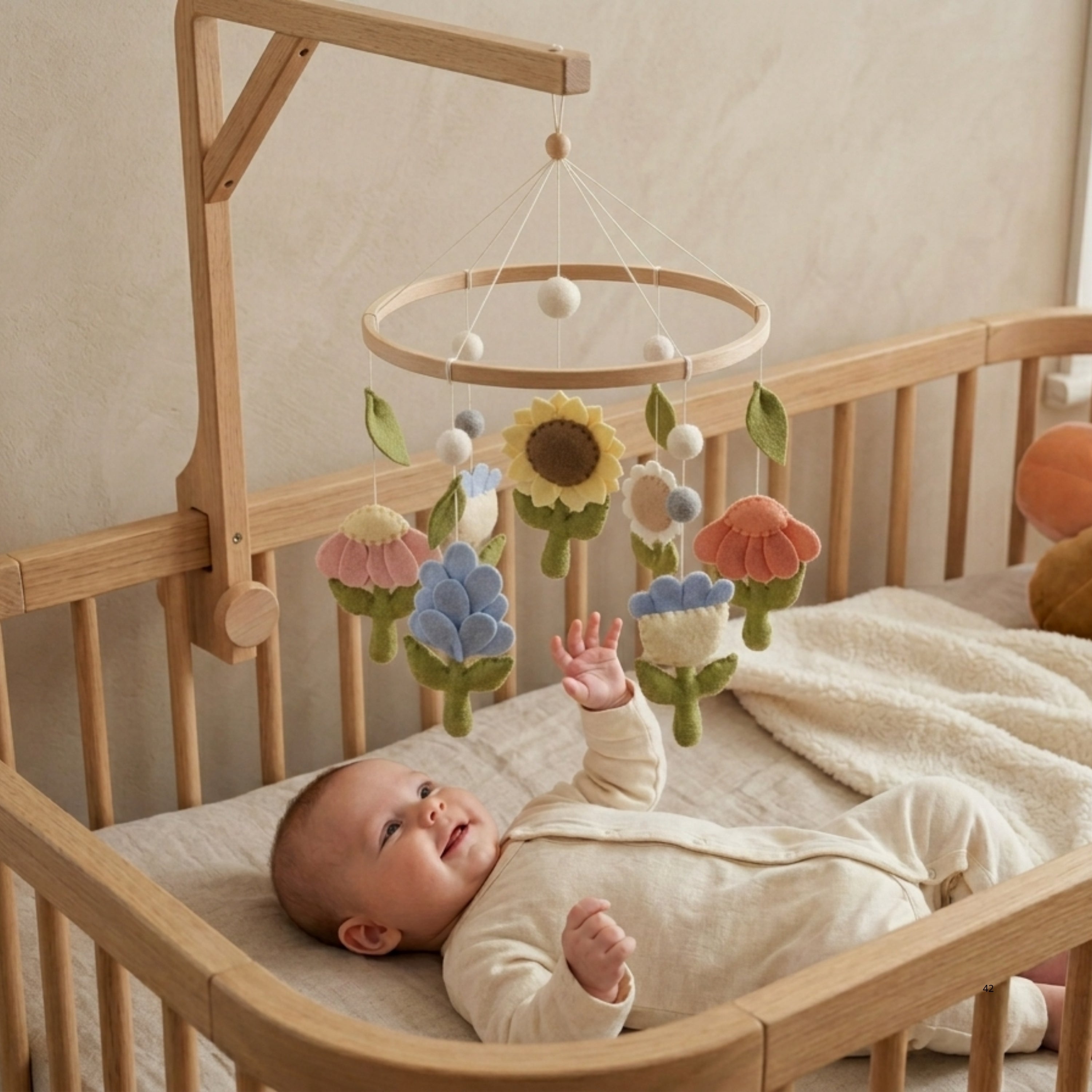 Floral Baby Mobile – Handmade Felt Flowers with Sunflower, Tulip & Daisy | Boho Garden Girl Nursery Decor