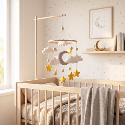 Moon & Stars Baby Mobile – Handmade Felt Crescent Moon with Gold Stars & Clouds | Neutral Celestial Nursery Decor