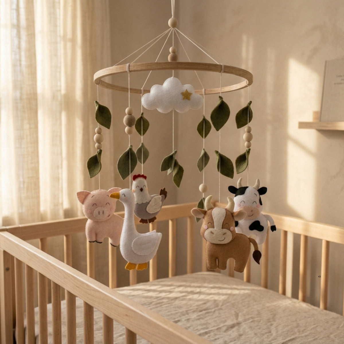Farm Animals Baby Mobile – Handmade Felt Cow, Pig, Goose & Chicken | Farmhouse Nursery Decor with Cloud & Leaves