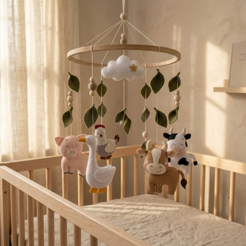 Farm Animals Baby Mobile – Handmade Felt Cow, Pig, Goose & Chicken | Farmhouse Nursery Decor with Cloud & Leaves