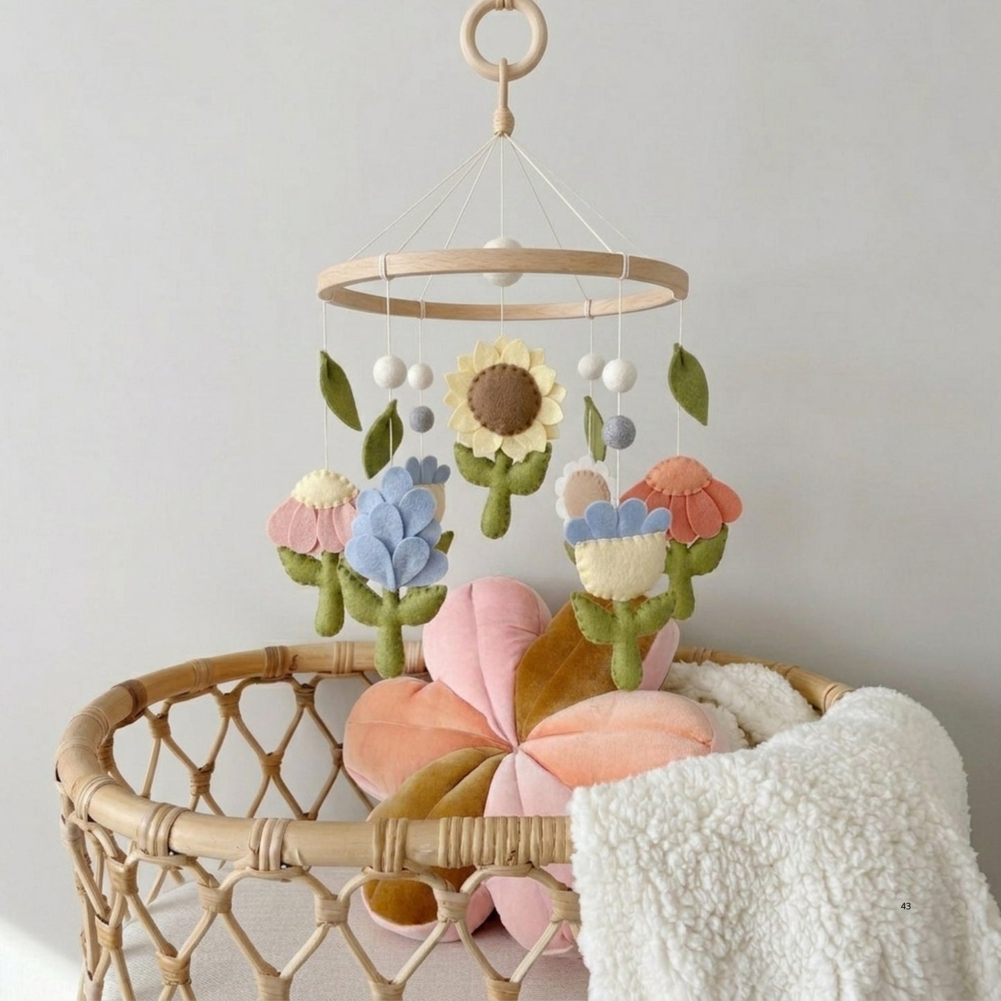 Floral Baby Mobile – Handmade Felt Flowers with Sunflower, Tulip & Daisy | Boho Garden Girl Nursery Decor