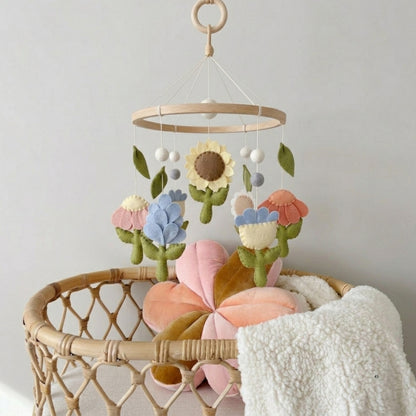 Floral Baby Mobile – Handmade Felt Flowers with Sunflower, Tulip & Daisy | Boho Garden Girl Nursery Decor