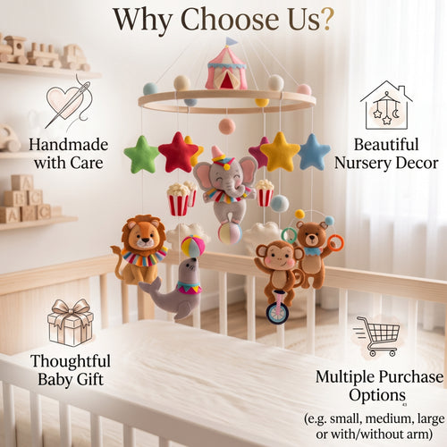 Circus Animals Baby Mobile – Handmade Felt Elephant, Lion, Monkey, Seal & Bear | Colorful Circus Nursery Decor